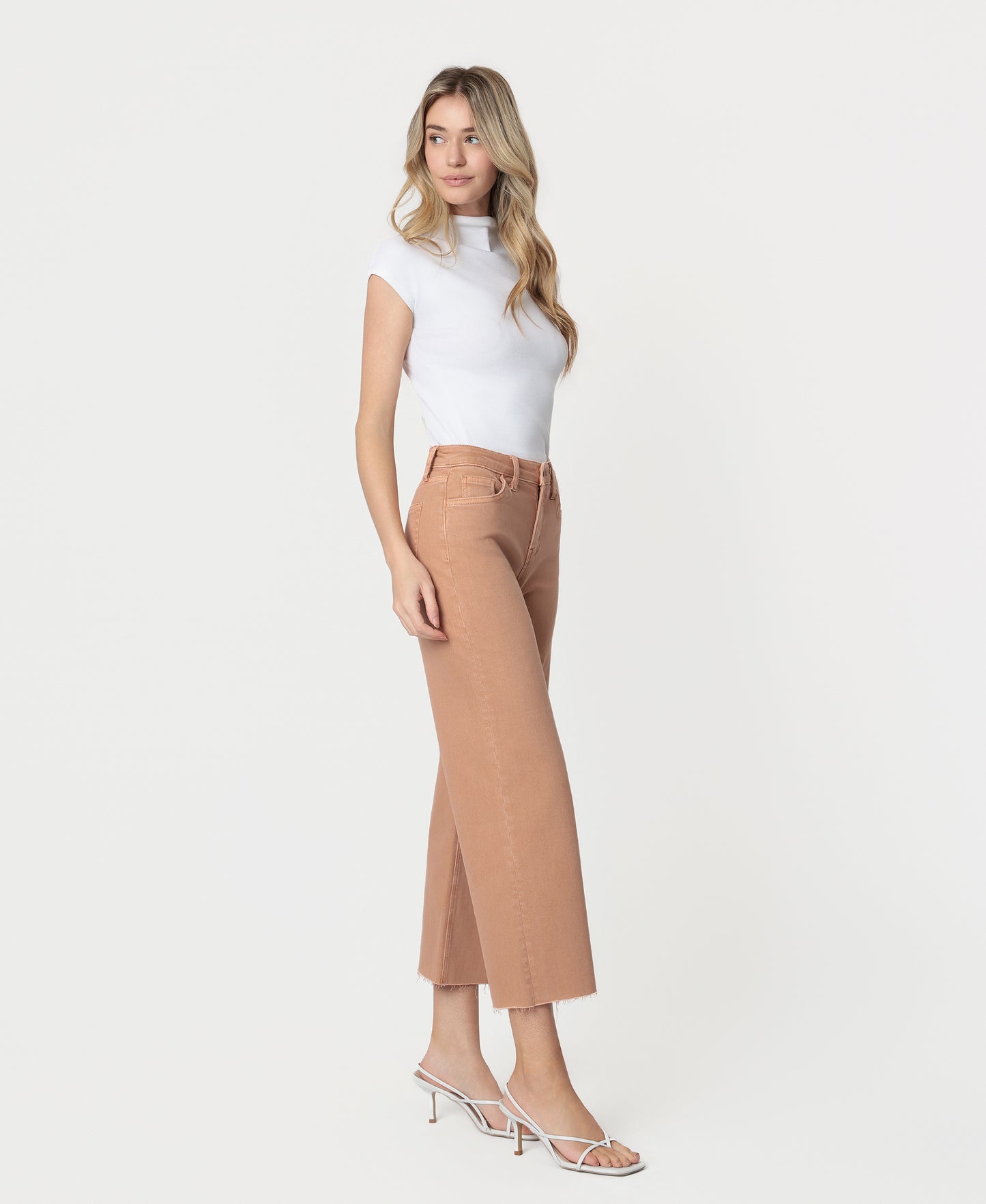 Right 45 degrees product image of Mocha - High Rise Raw Hem Crop Wide Leg Jeans