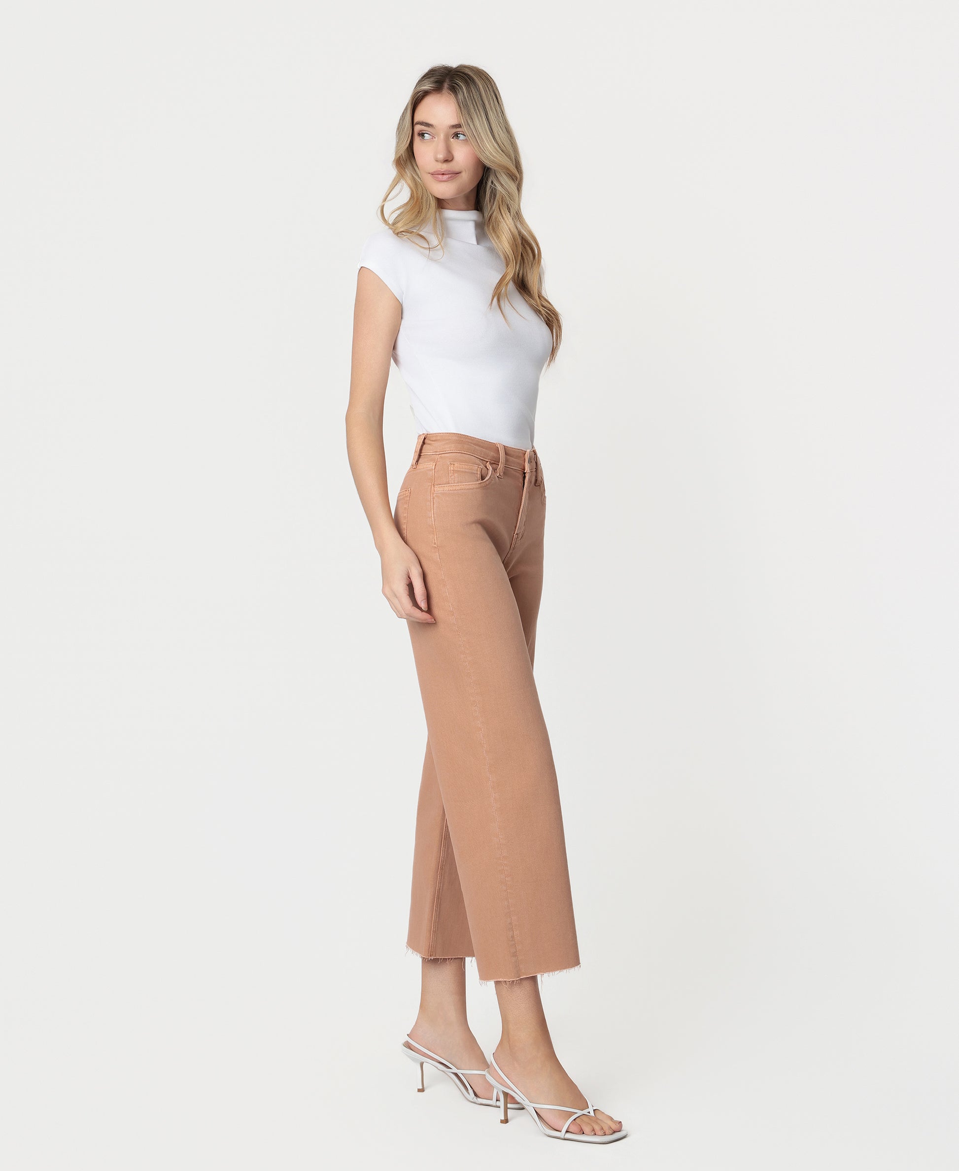 Right 45 degrees product image of Mocha - High Rise Raw Hem Crop Wide Leg Jeans