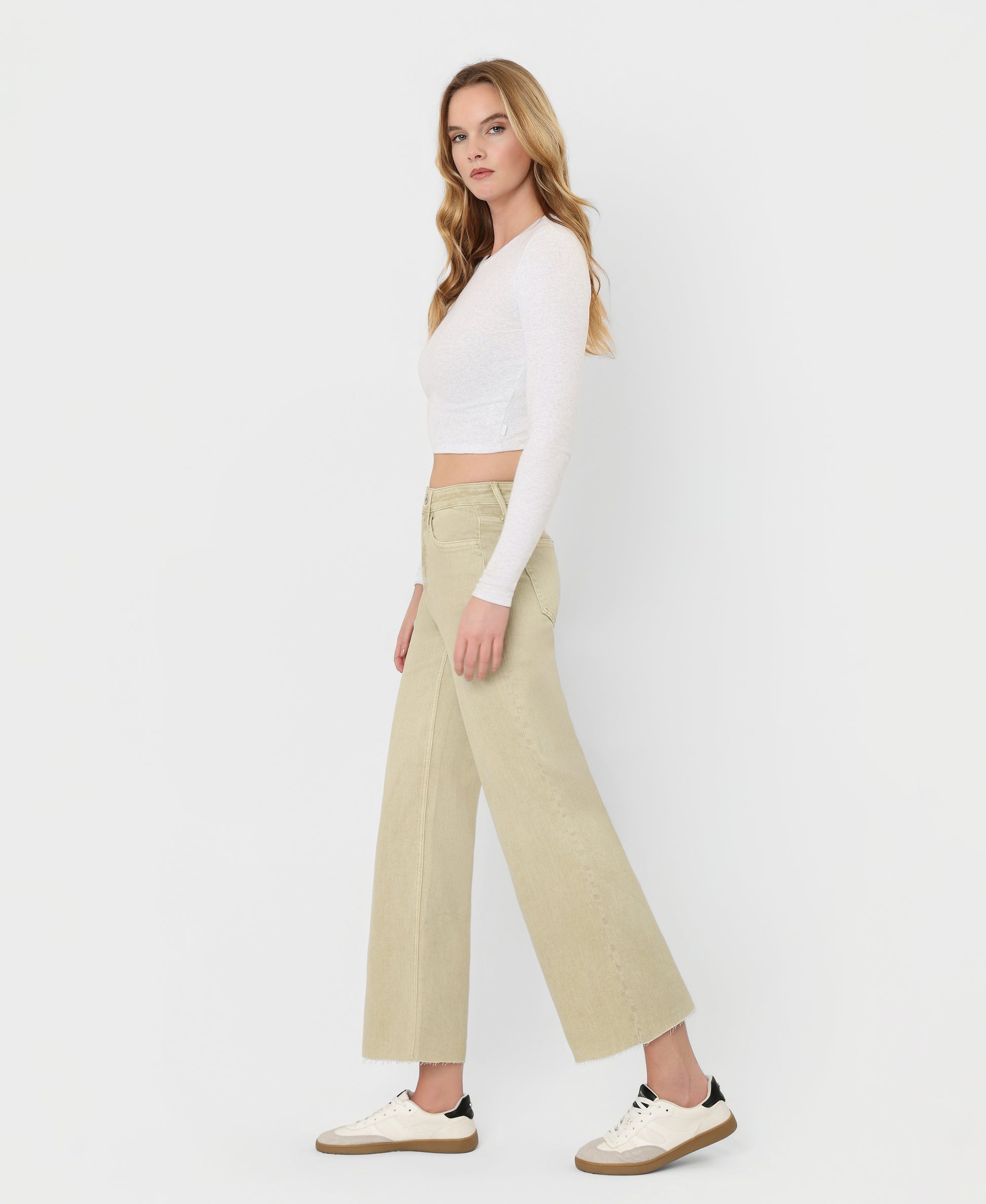 Left side product images of Olive - High Rise Raw Hem Crop Wide Leg Jeans