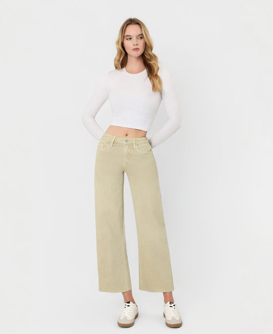 Front product images of Olive - High Rise Raw Hem Crop Wide Leg Jeans