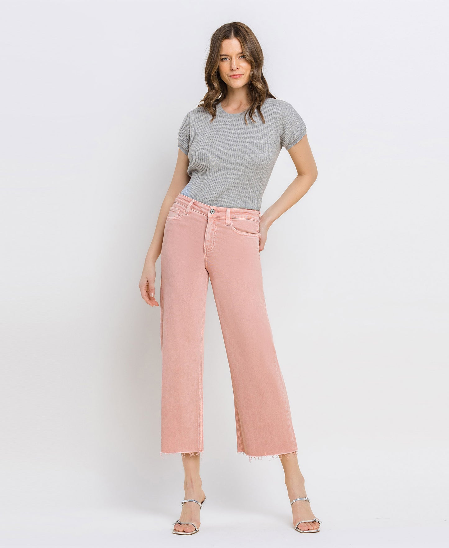 Front product images of Silver Pink - High Rise Crop Wide Leg Jeans