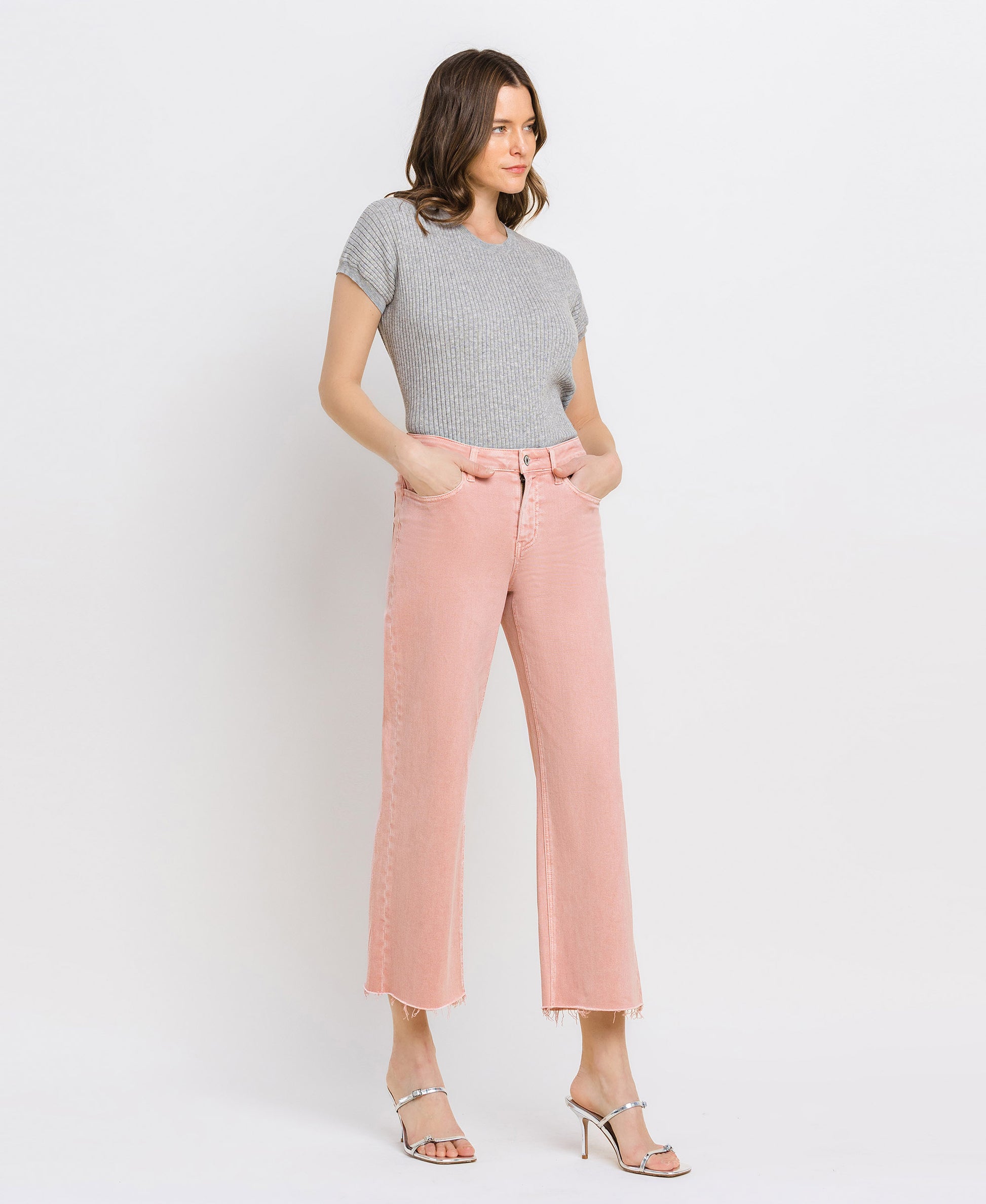 Right 45 degrees product image of Silver Pink - High Rise Crop Wide Leg Jeans