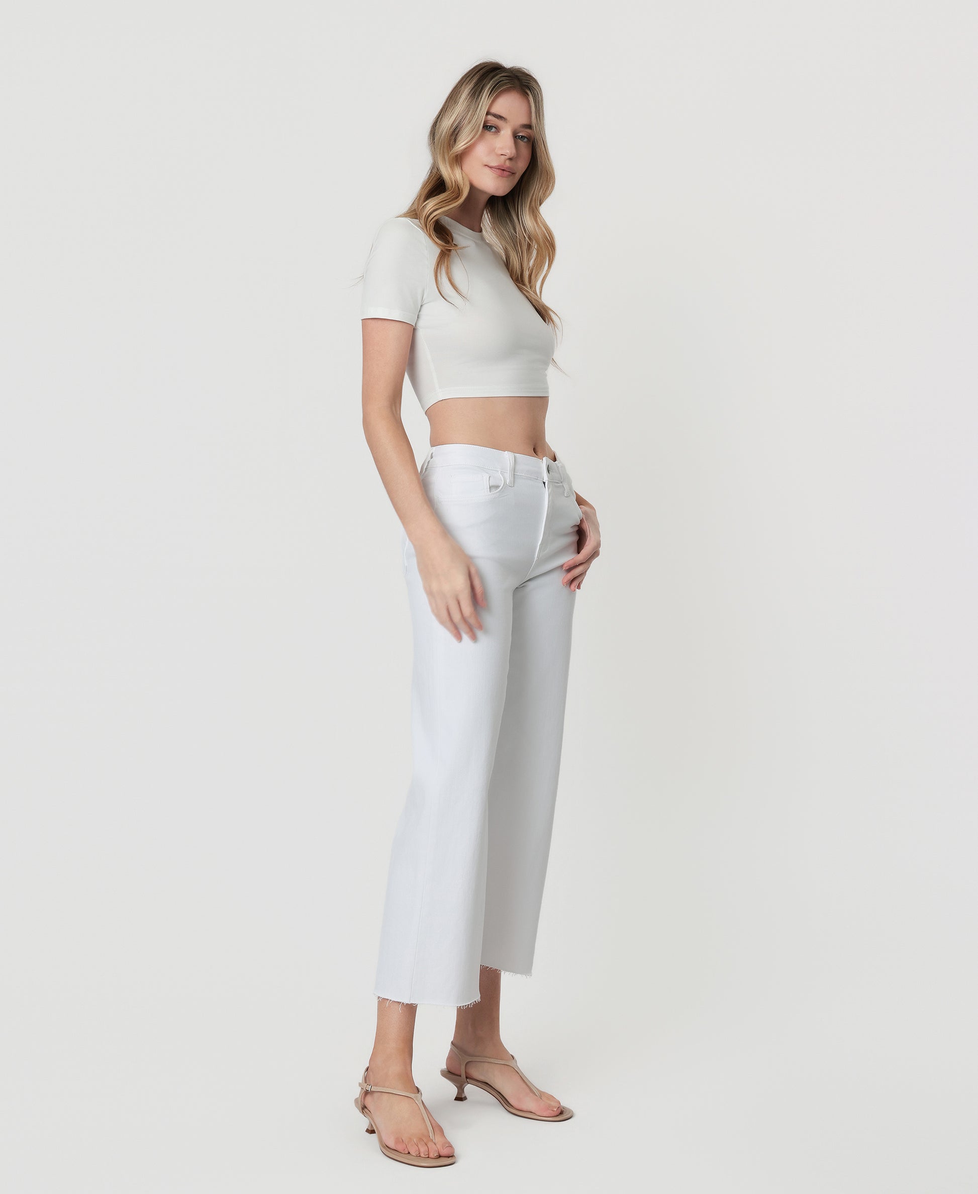 Right 45 degrees product image of Optic White - High Rise Crop Wide Leg Jeans