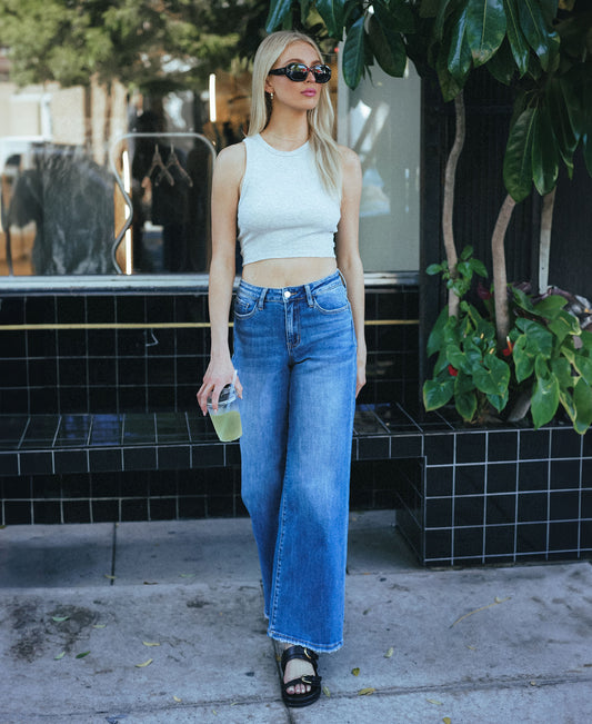 editorial image of Awe - High Rise Trouser Wide Leg Jeans