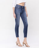 Right 45 degrees product image of Glistening - Mid Rise Raw Distressed Hem Crop Skinny Jeans
