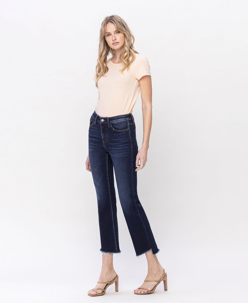 Left 45 degrees product image of Motivated - High Rise Step Raw Hem Crop Flare Jeans