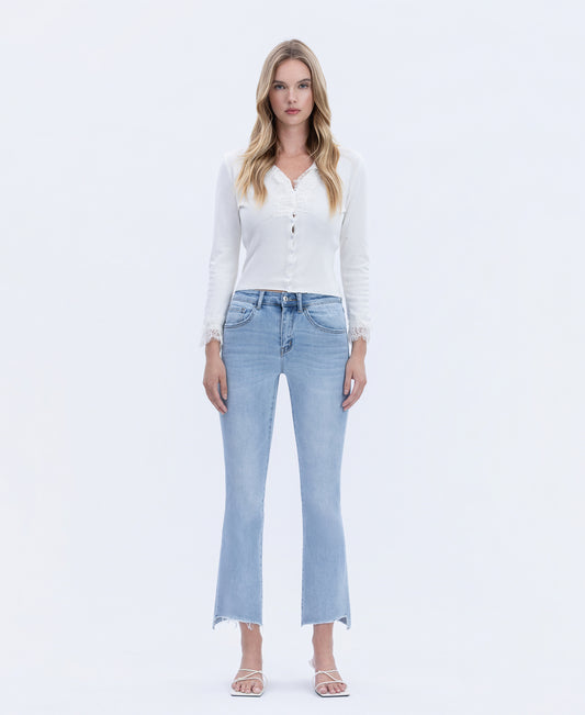 Front product images of Striving - High Rise Raw Step Hem Crop Flare Jeans
