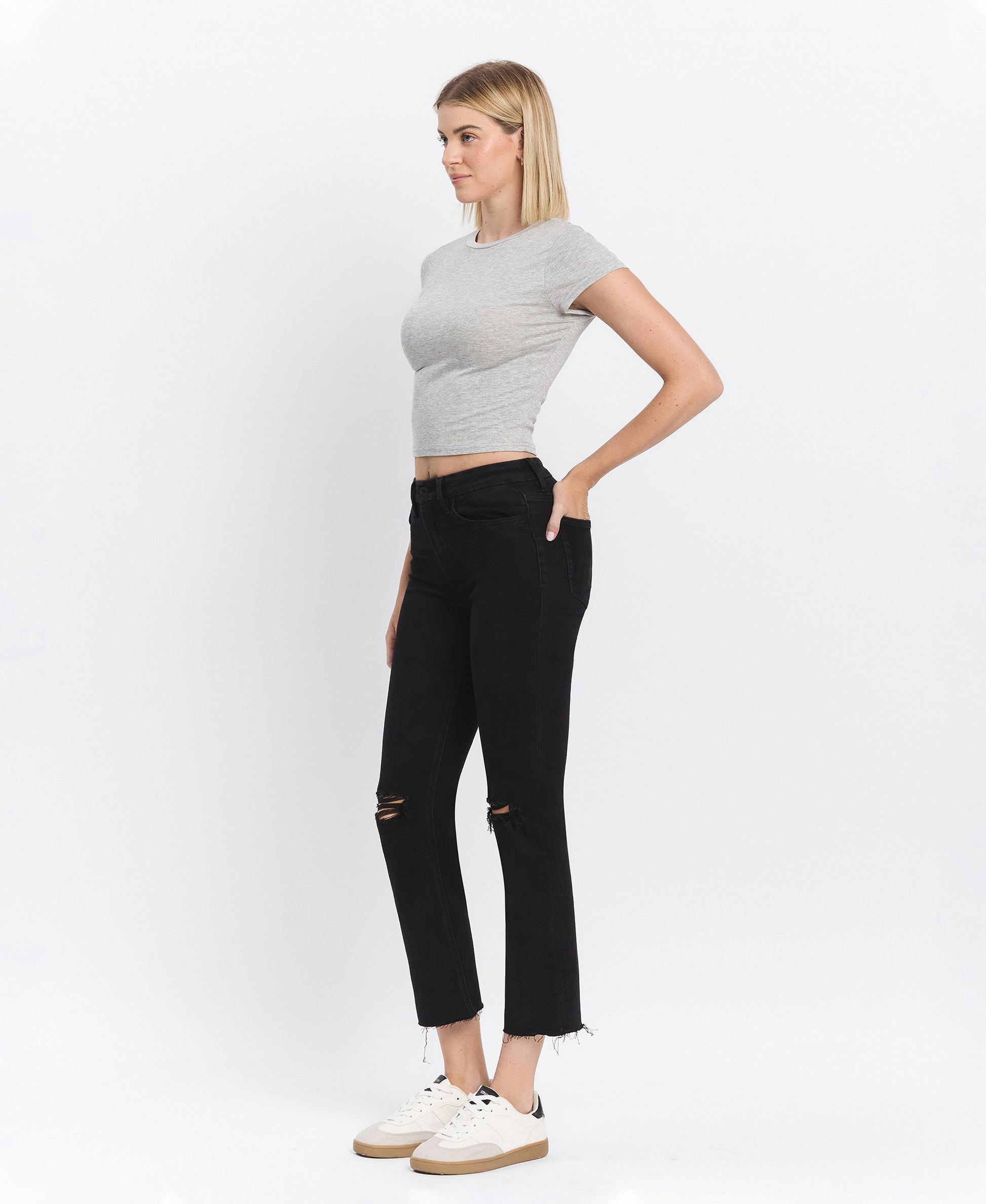 Left 45 degrees product image of Black - High Rise Straight Jeans W Raw Hem