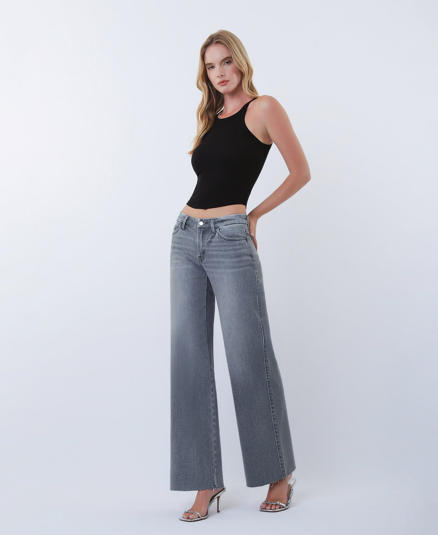 Left 45 degrees product image of Gray - Mid Rise Clean Cut Raw Hem Wide Leg Jeans