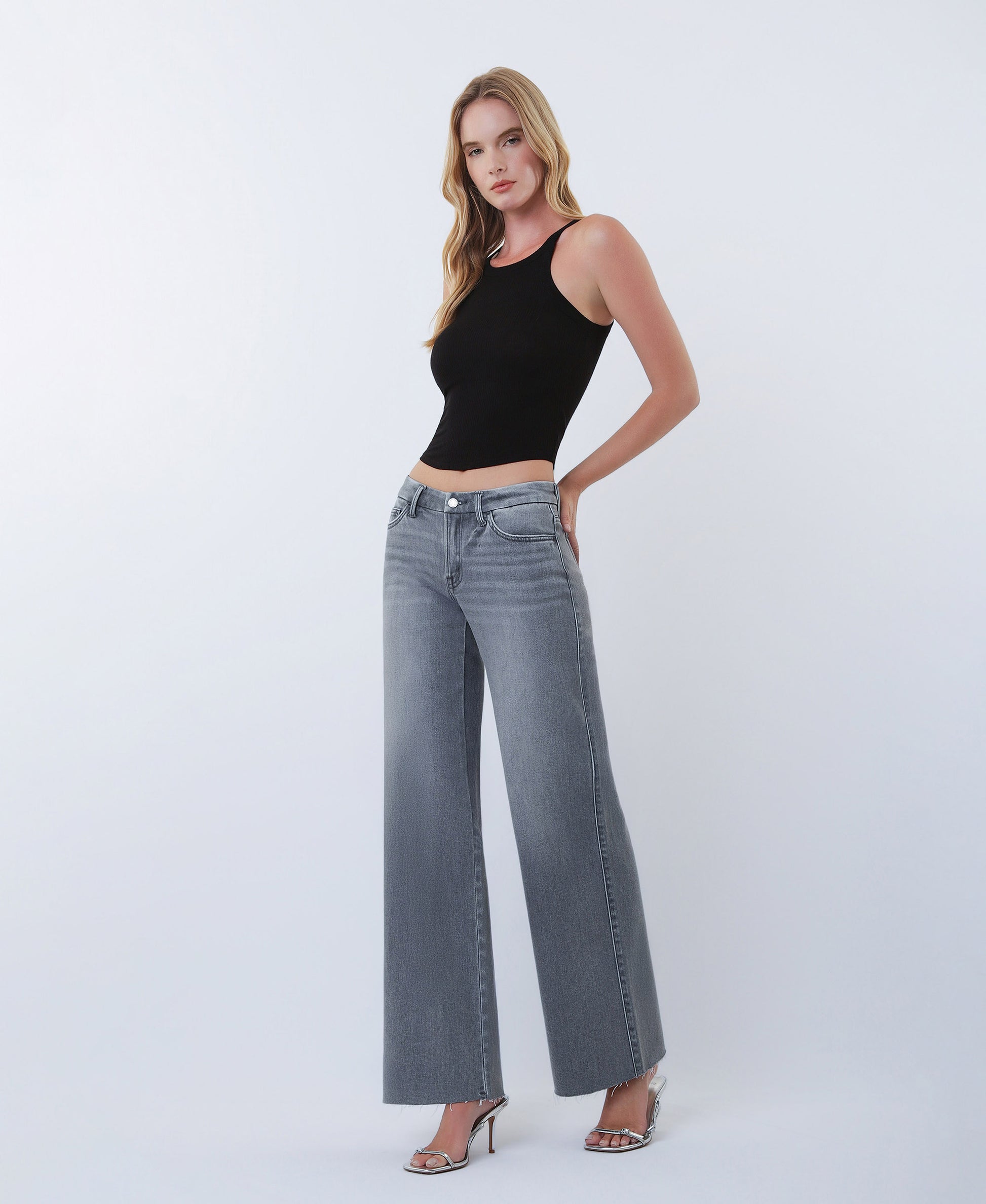 Left 45 degrees product image of Gray - Mid Rise Clean Cut Raw Hem Wide Leg Jeans