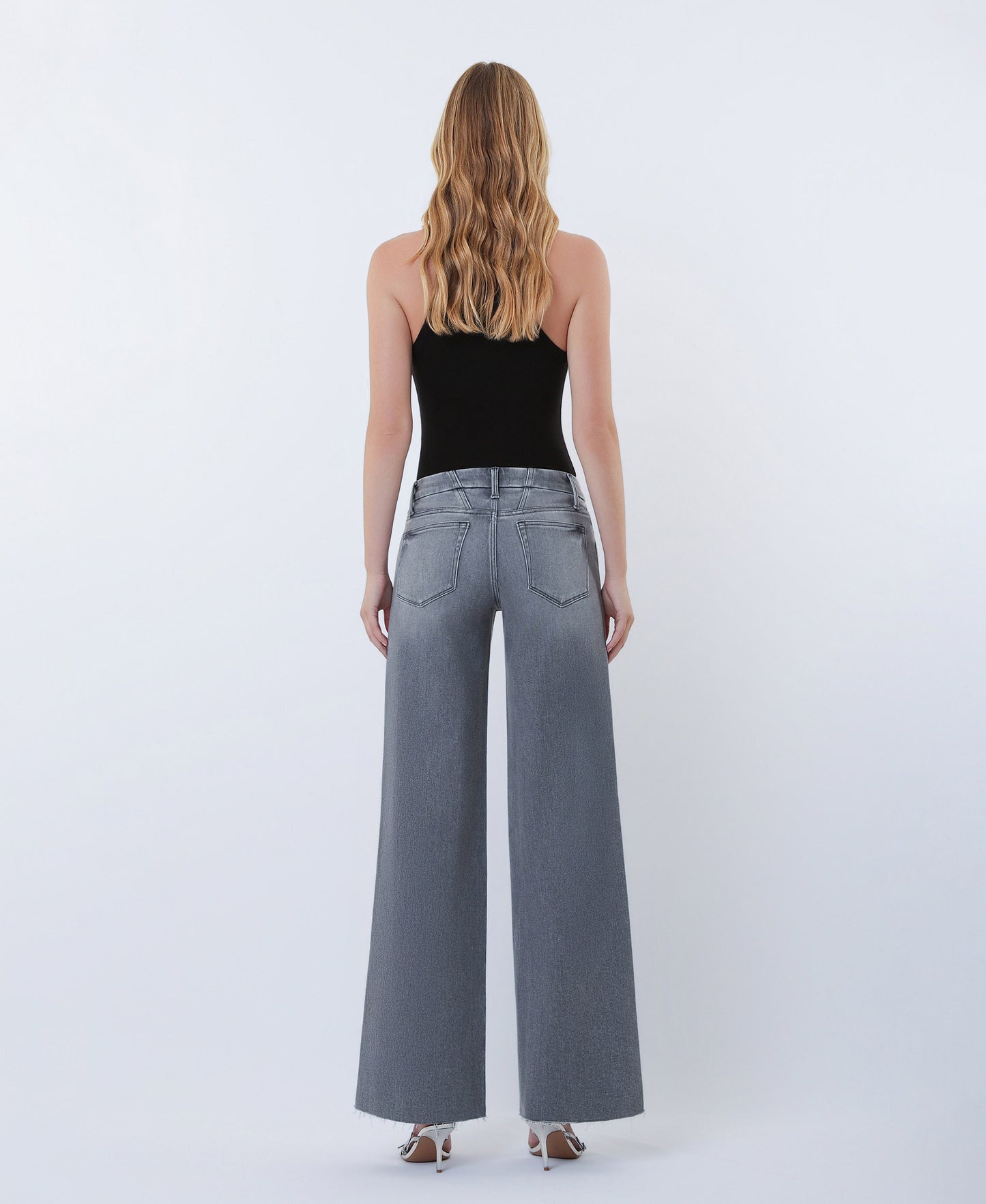 Back product images of Gray - Mid Rise Clean Cut Raw Hem Wide Leg Jeans