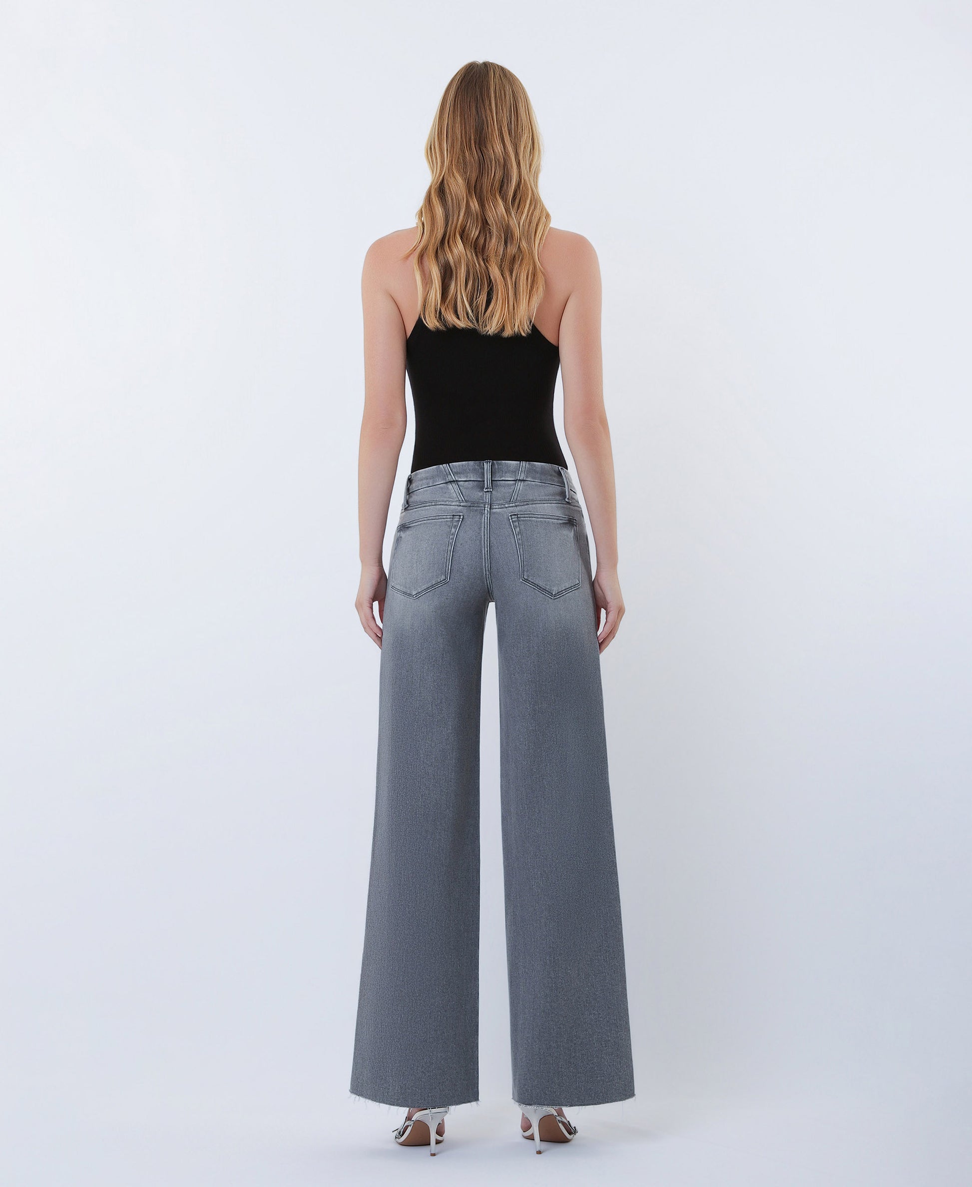 Back product images of Gray - Mid Rise Clean Cut Raw Hem Wide Leg Jeans