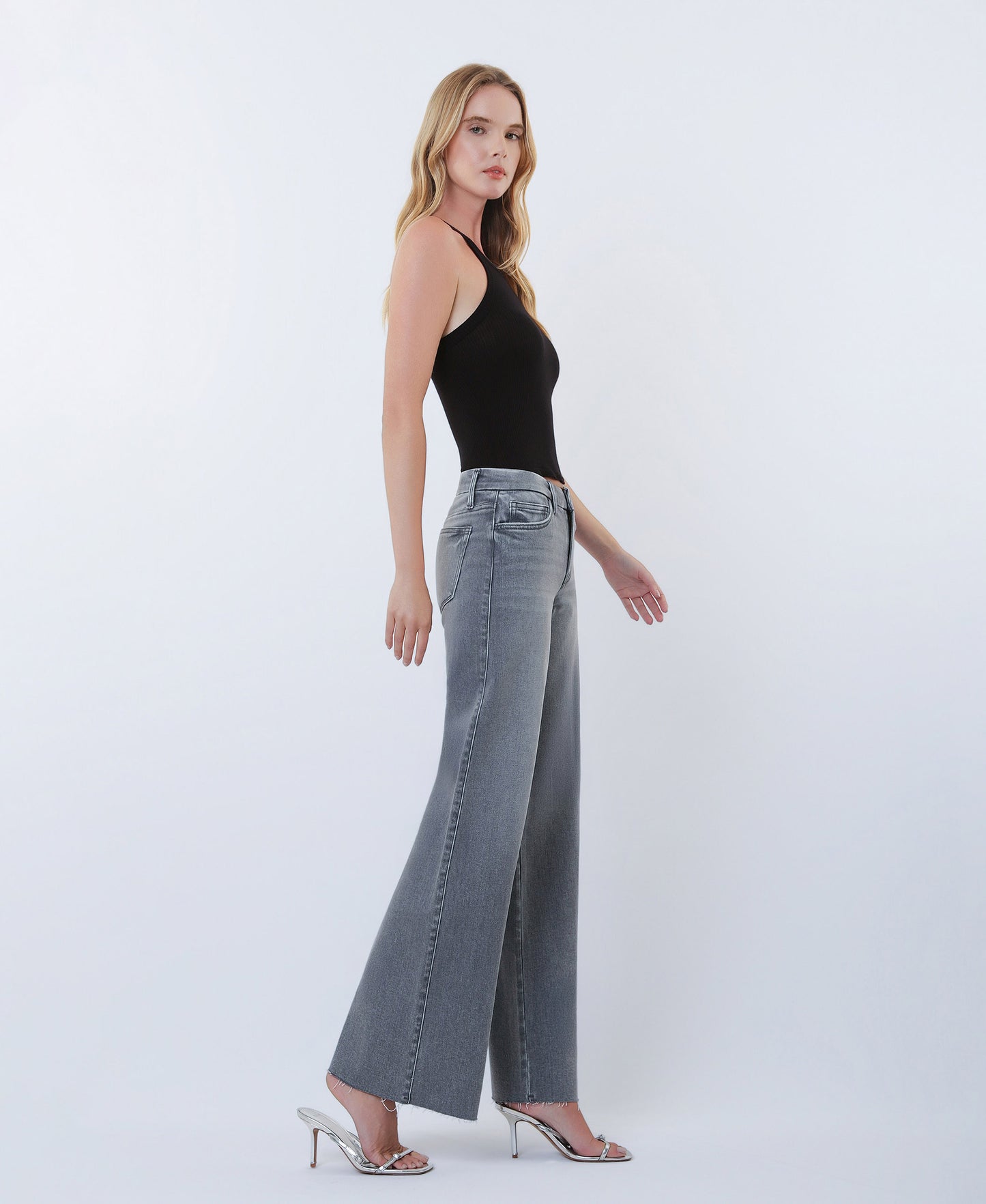 Right 45 degrees product image of Gray - Mid Rise Clean Cut Raw Hem Wide Leg Jeans