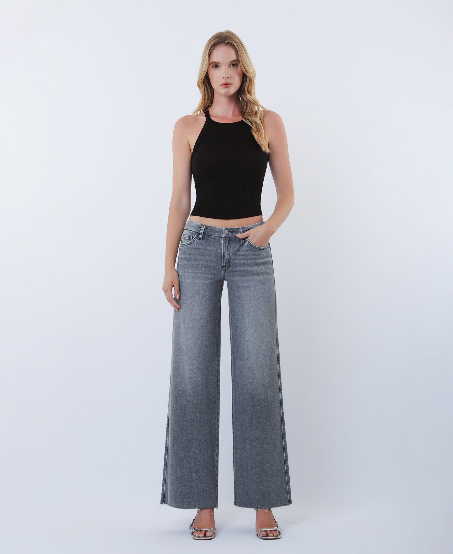 Front product images of Gray - Mid Rise Clean Cut Raw Hem Wide Leg Jeans
