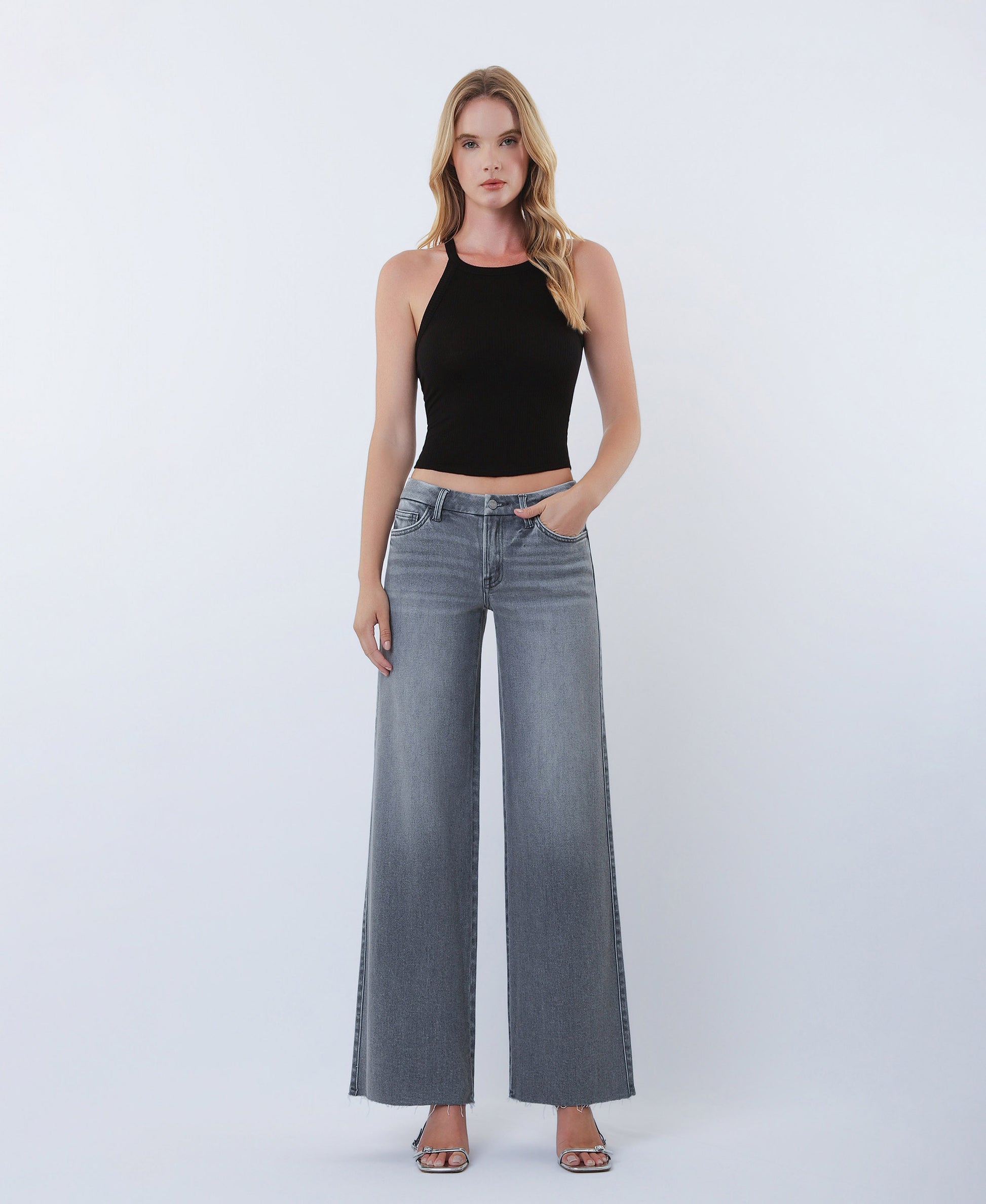 Front product images of Gray - Mid Rise Clean Cut Raw Hem Wide Leg Jeans
