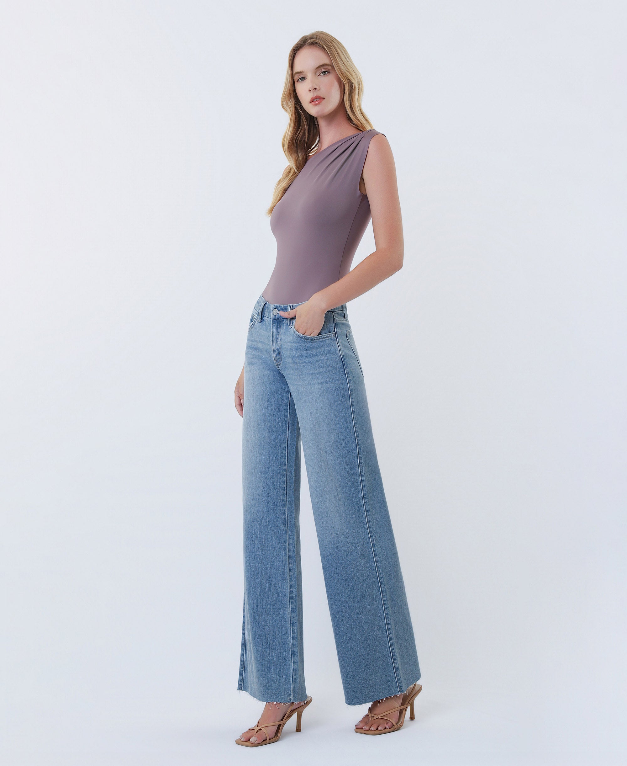 VERVET Light Mid Rise Clean Cut Raw Hem Wide Leg Jeans
