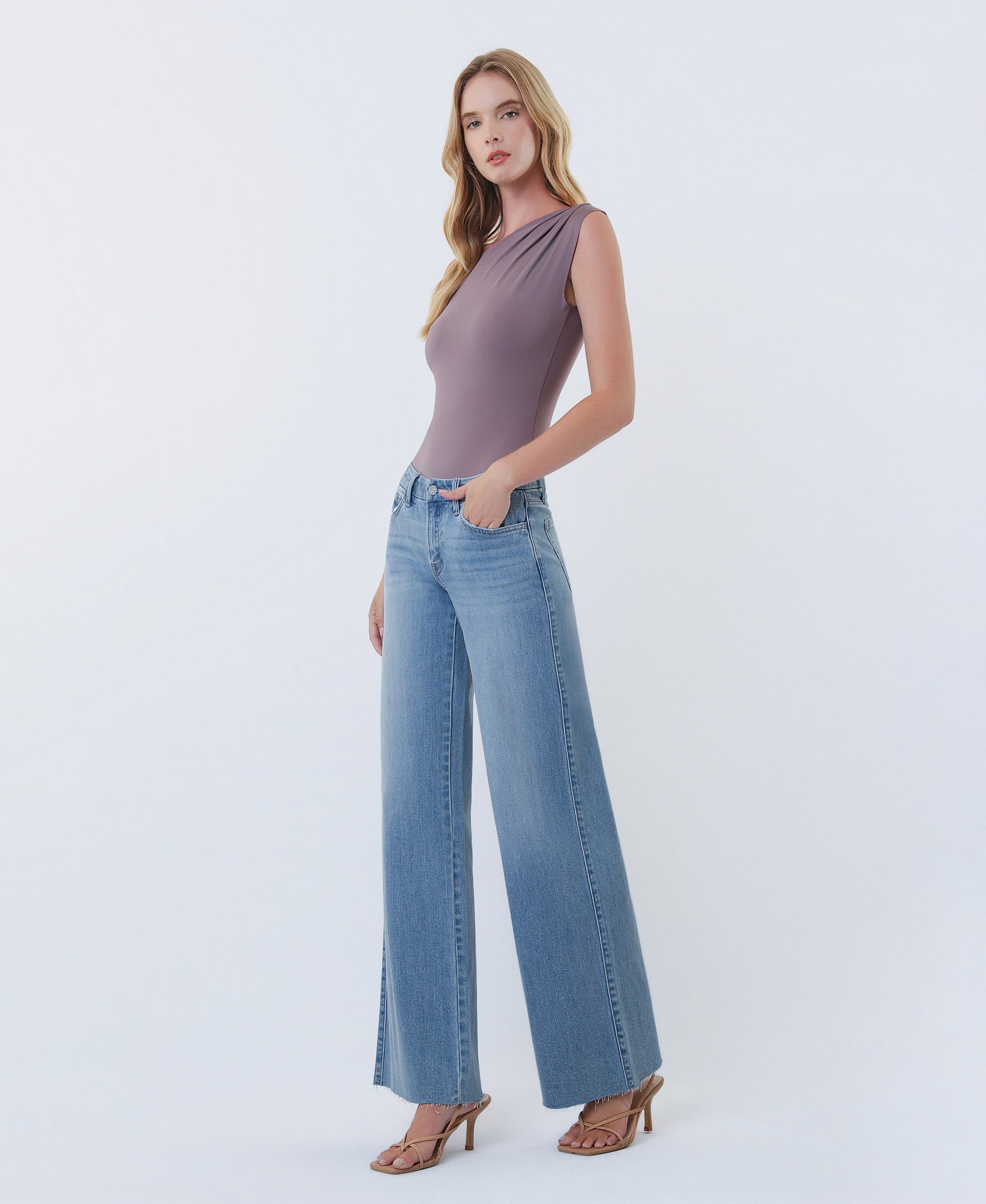 Left 45 degrees product image of Light - Mid Rise Clean Cut Raw Hem Wide Leg Jeans
