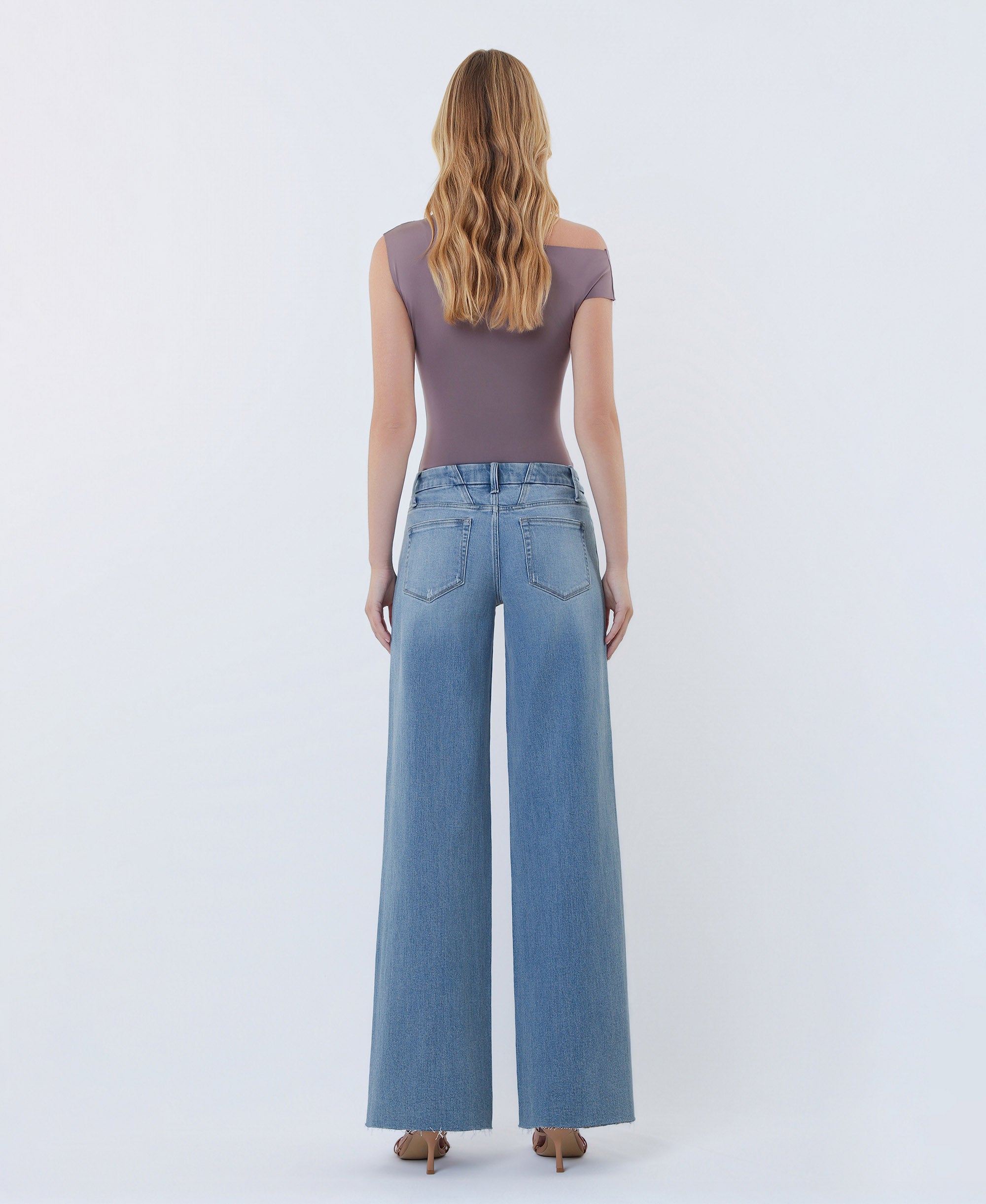VERVET Light Mid Rise Clean Cut Raw Hem Wide Leg Jeans