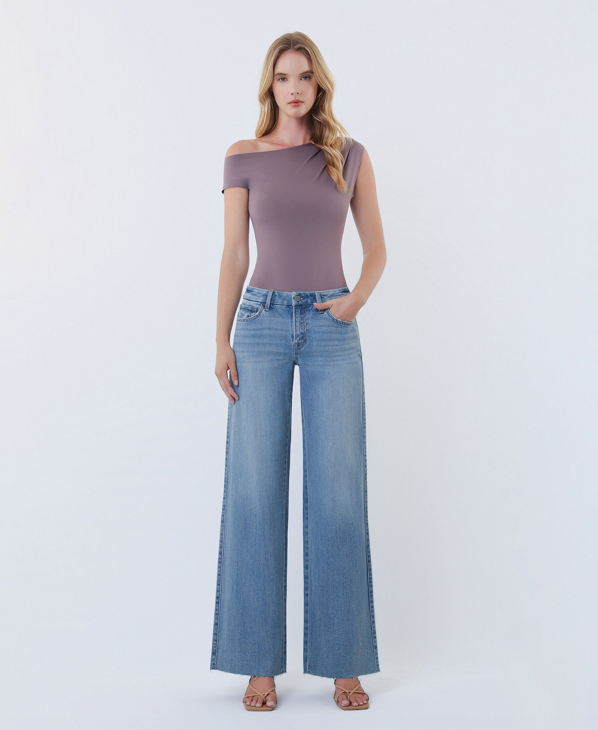 VERVET Light Mid Rise Clean Cut Raw Hem Wide Leg Jeans