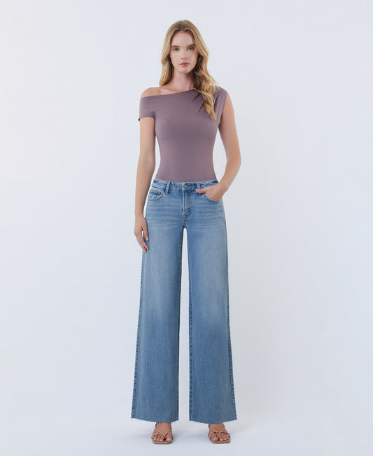 Front product images of Light - Mid Rise Clean Cut Raw Hem Wide Leg Jeans