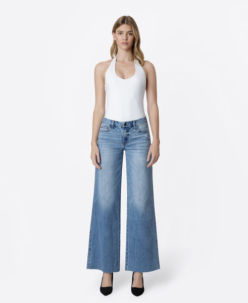 VERVET Vouchsafe Mid Rise Clean Cut Raw Hem Wide Leg Jeans