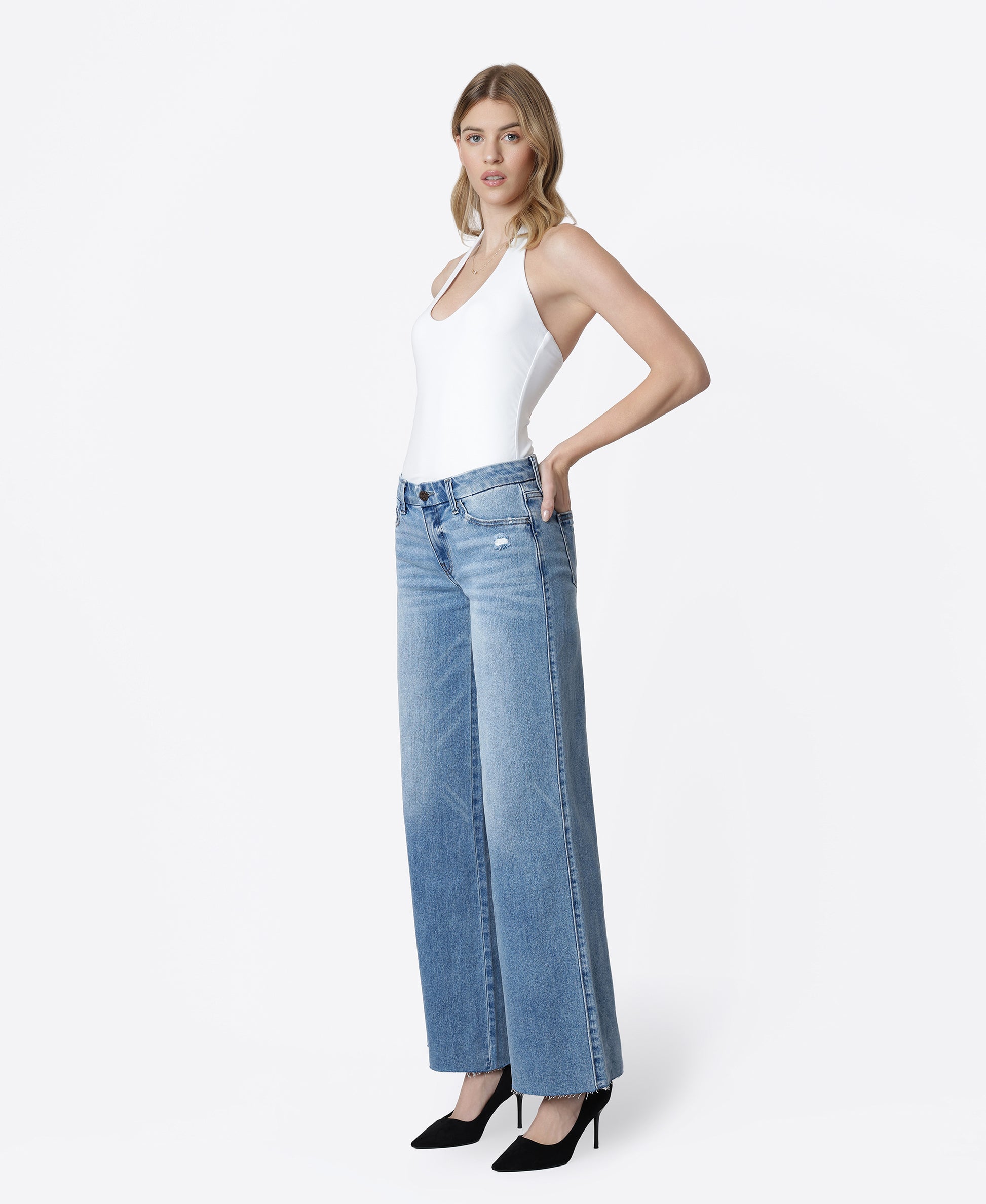 Left 45 degrees product image of Vouchsafe - Mid Rise Clean Cut Raw Hem Wide Leg Jeans