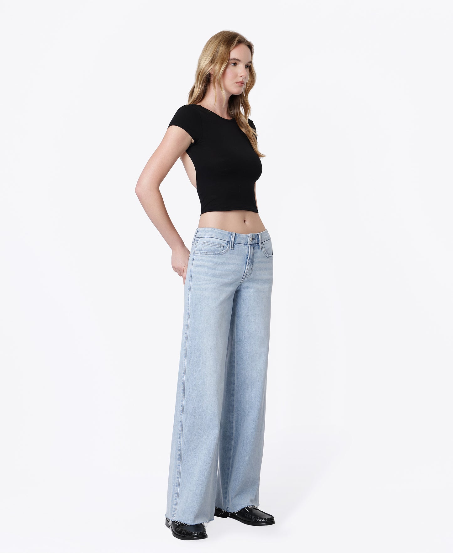 Right 45 degrees product image of Super Light - Mid Rise Clean Cut Raw Hem Wide Leg Jeans