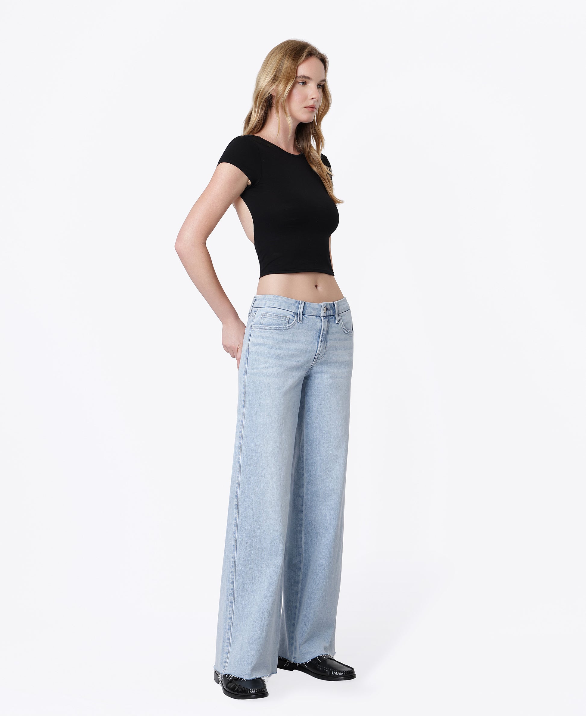 Right 45 degrees product image of Super Light - Mid Rise Clean Cut Raw Hem Wide Leg Jeans
