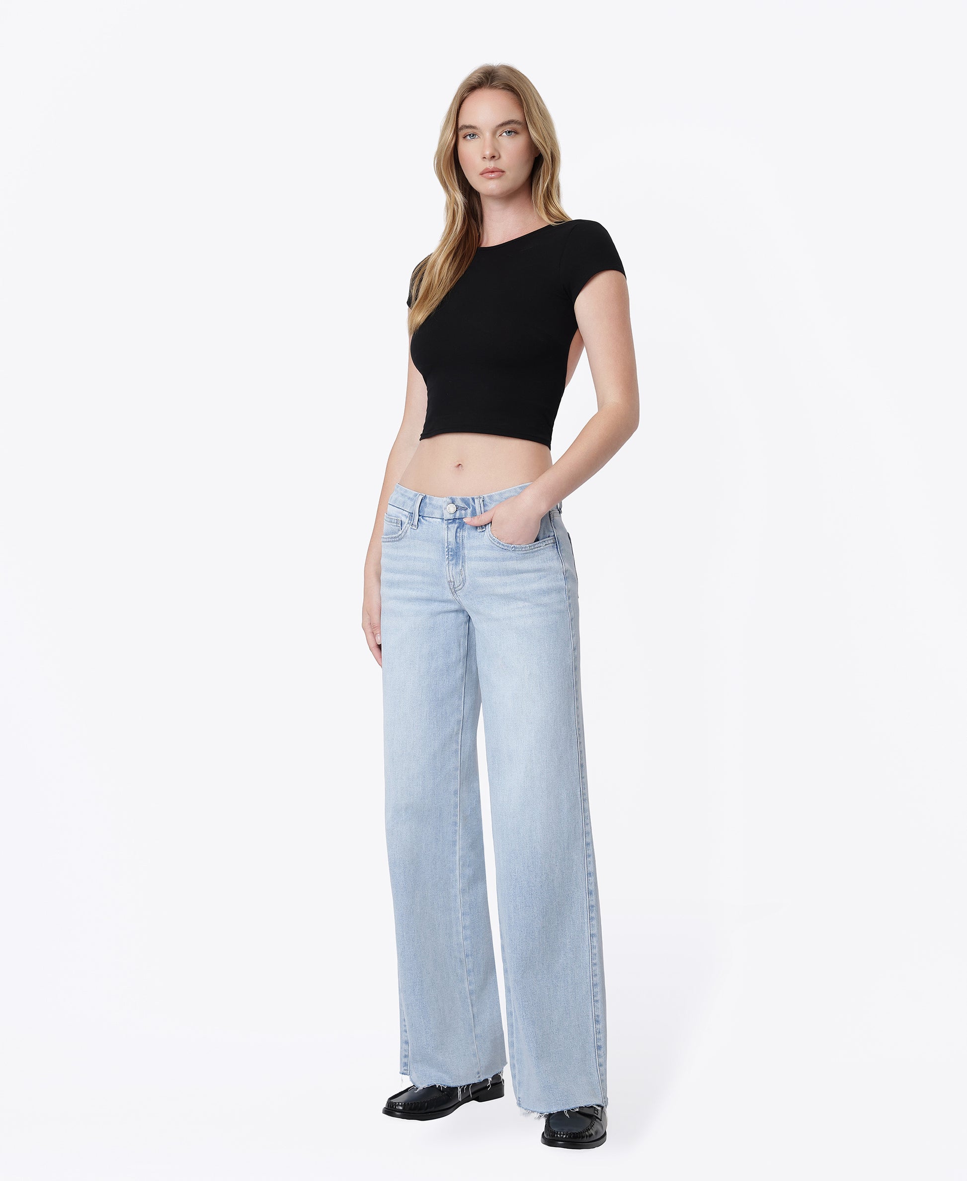 Left 45 degrees product image of Super Light - Mid Rise Clean Cut Raw Hem Wide Leg Jeans