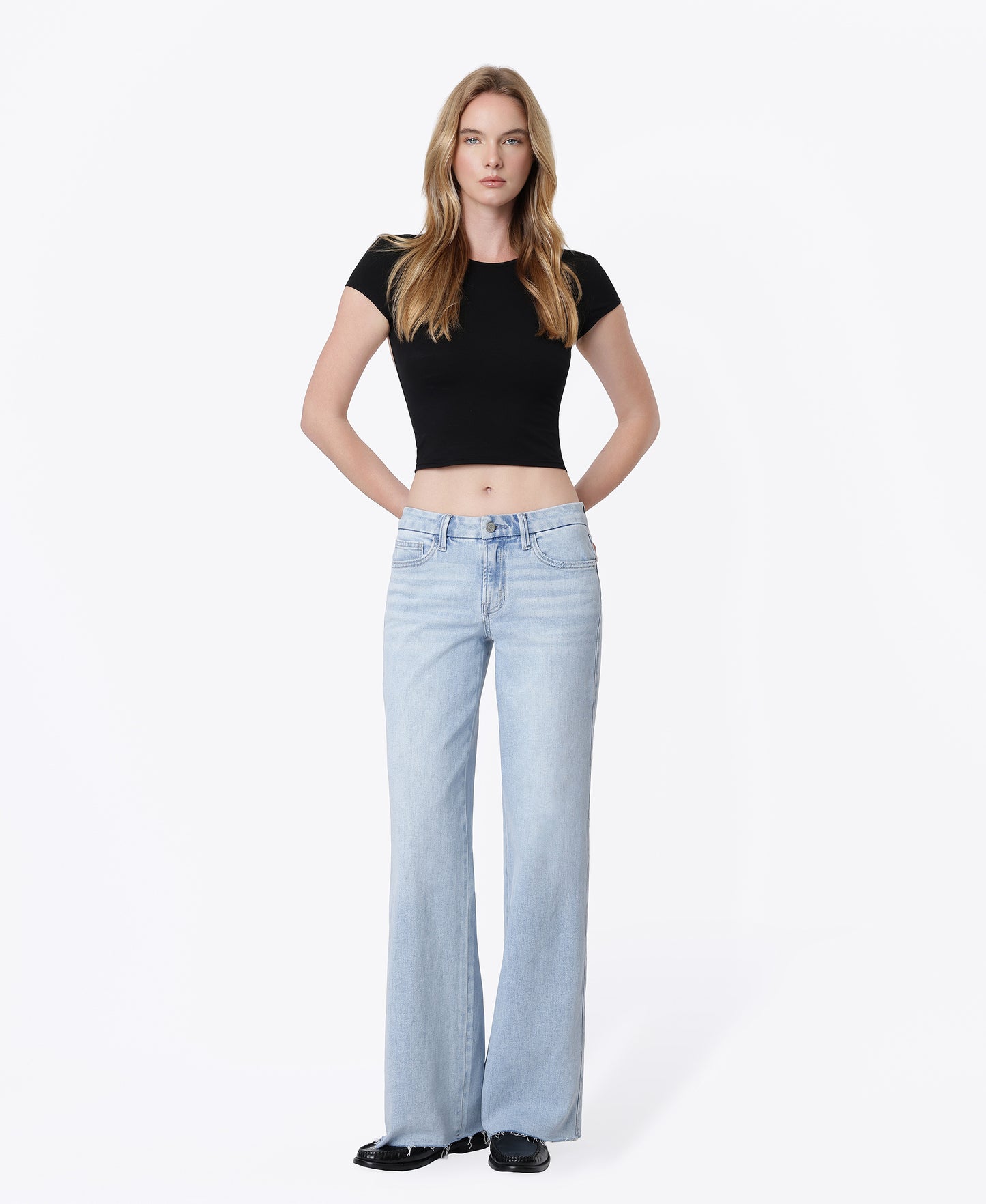 Front product images of Super Light - Mid Rise Clean Cut Raw Hem Wide Leg Jeans