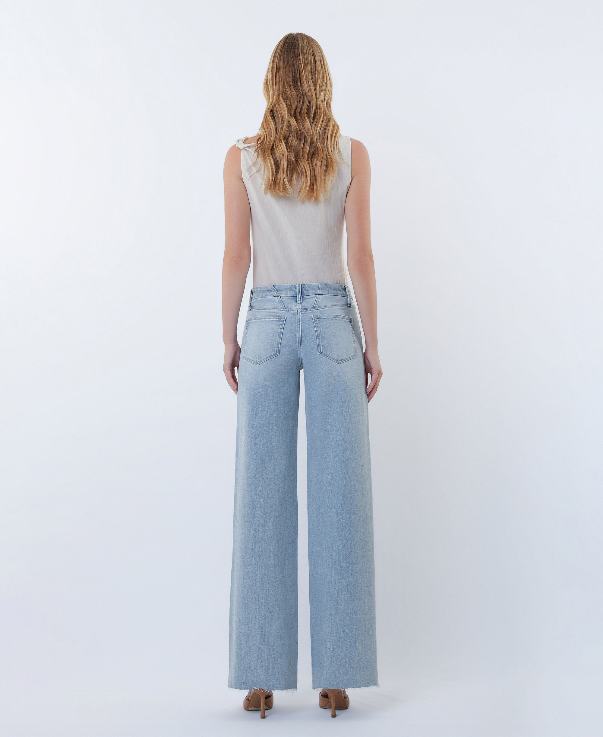 VERVET Super Light Mid Rise Clean Cut Raw Hem Wide Leg Jeans