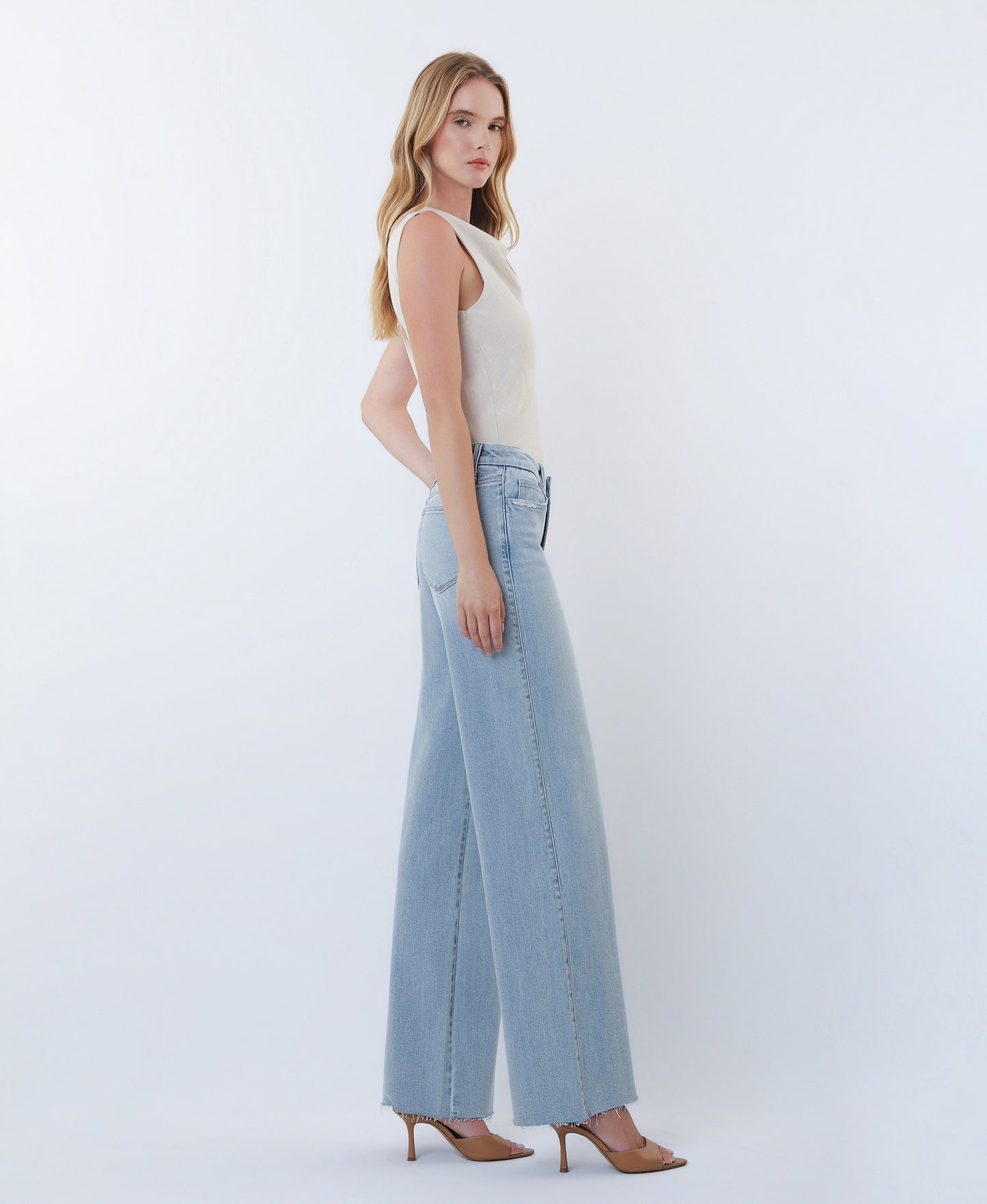 Right side product images of Super Light - Mid Rise Clean Cut Raw Hem Wide Leg Jeans