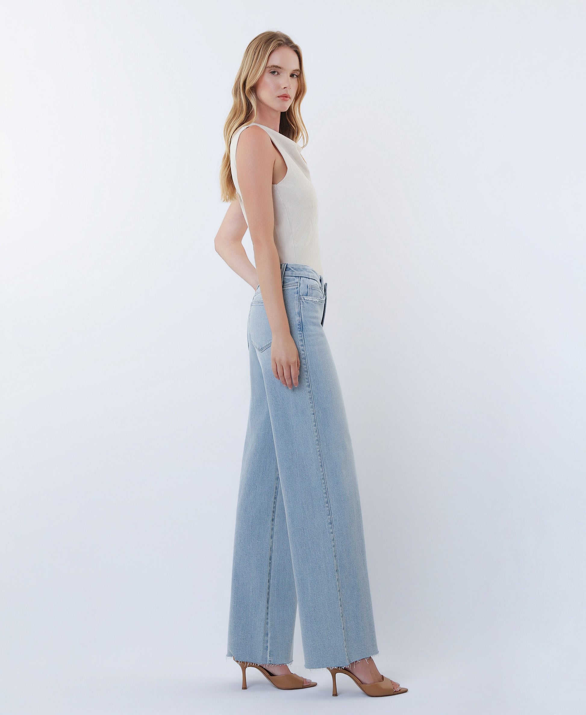 Right side product images of Super Light - Mid Rise Clean Cut Raw Hem Wide Leg Jeans