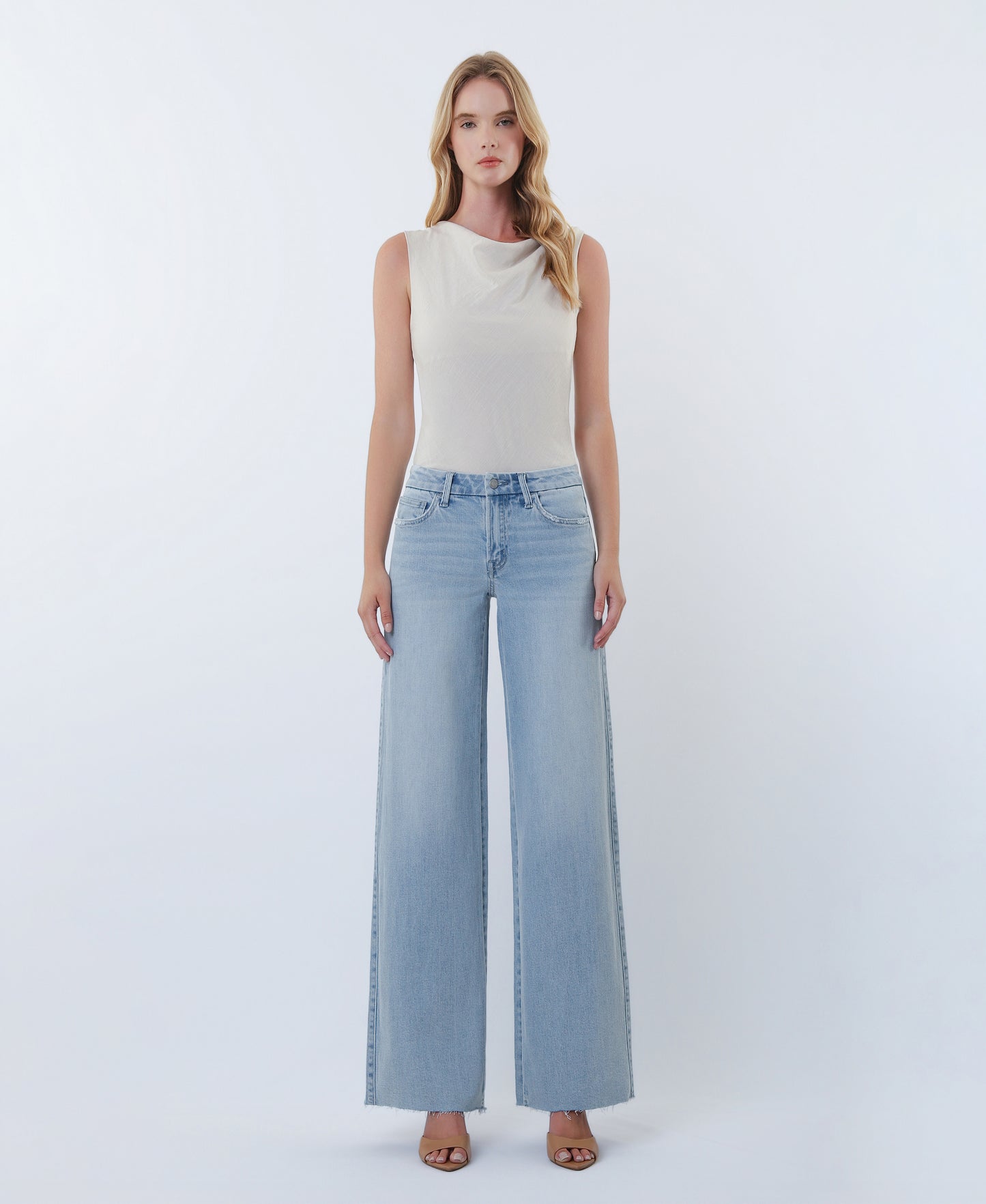 Front product images of Super Light - Mid Rise Clean Cut Raw Hem Wide Leg Jeans