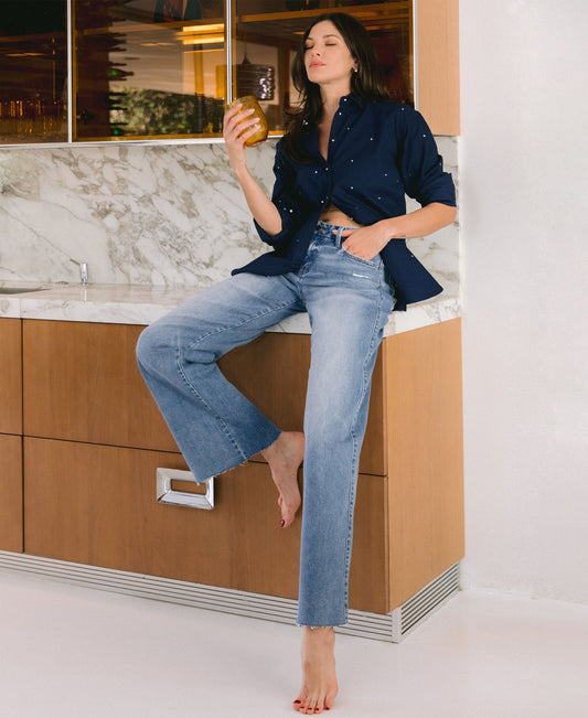 editorial image of Vouchsafe - Mid Rise Clean Cut Raw Hem Wide Leg Jeans