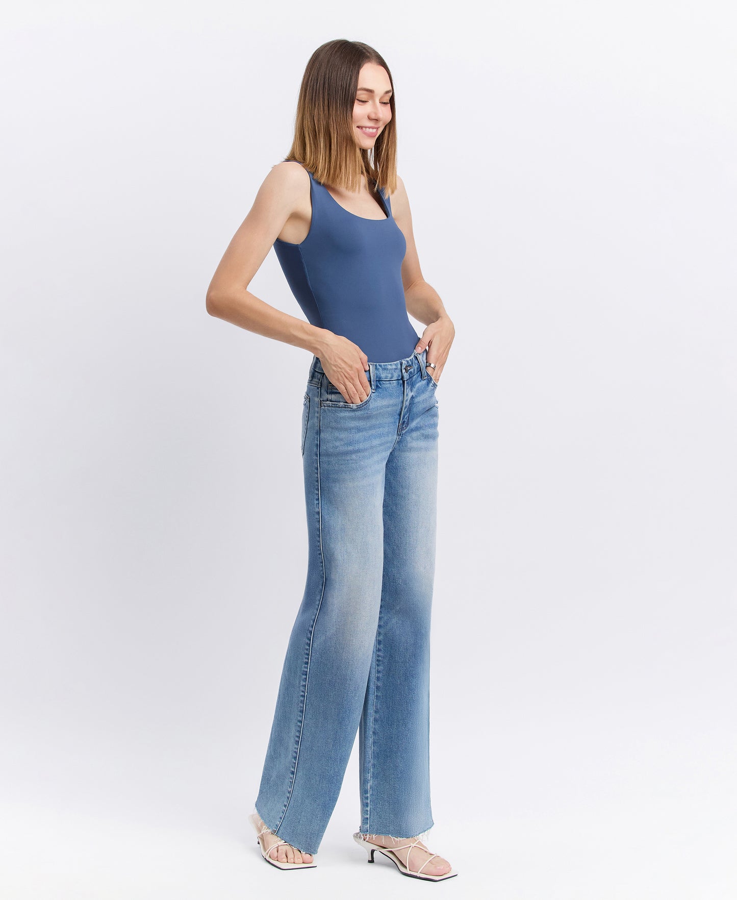 Right 45 degrees product image of Vouchsafe - Mid Rise Clean Cut Raw Hem Wide Leg Jeans