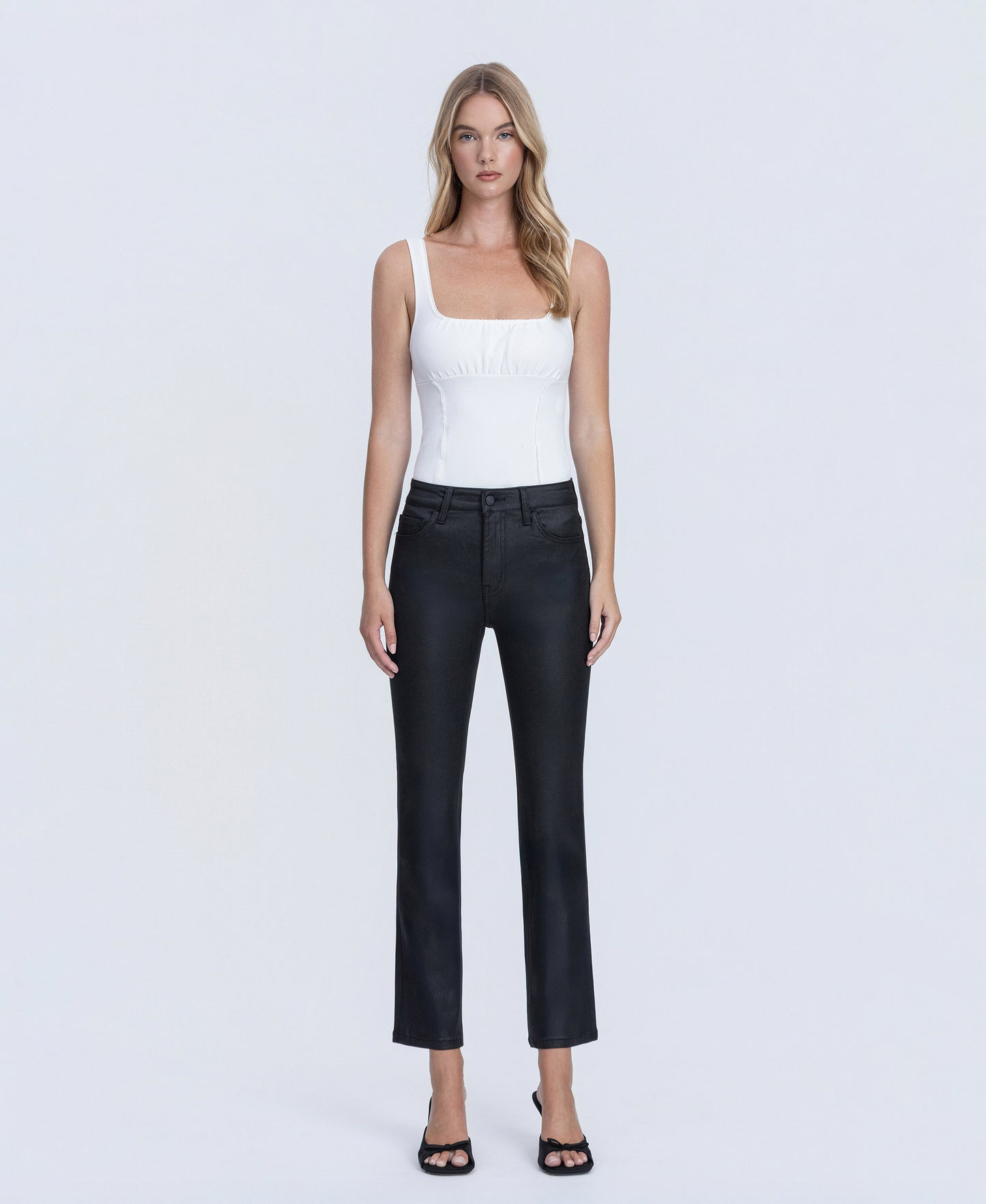 Front product images of Jet Black - High Rise Coated Ankle Slim Straight Jeans