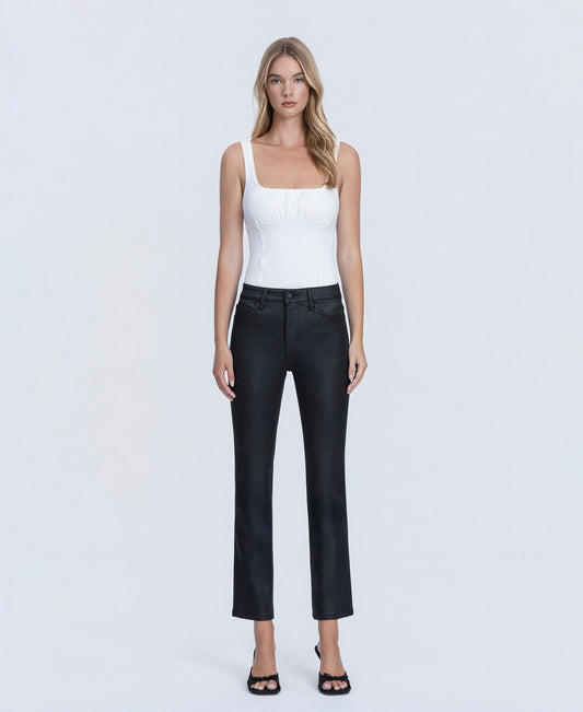 Front product images of Jet Black - High Rise Coated Ankle Slim Straight Jeans