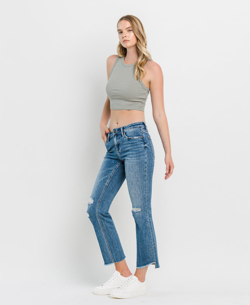 Left 45 degrees product image of Straightforward - Mid Rise Uneven Hem Ankle Kick Flare Jeans