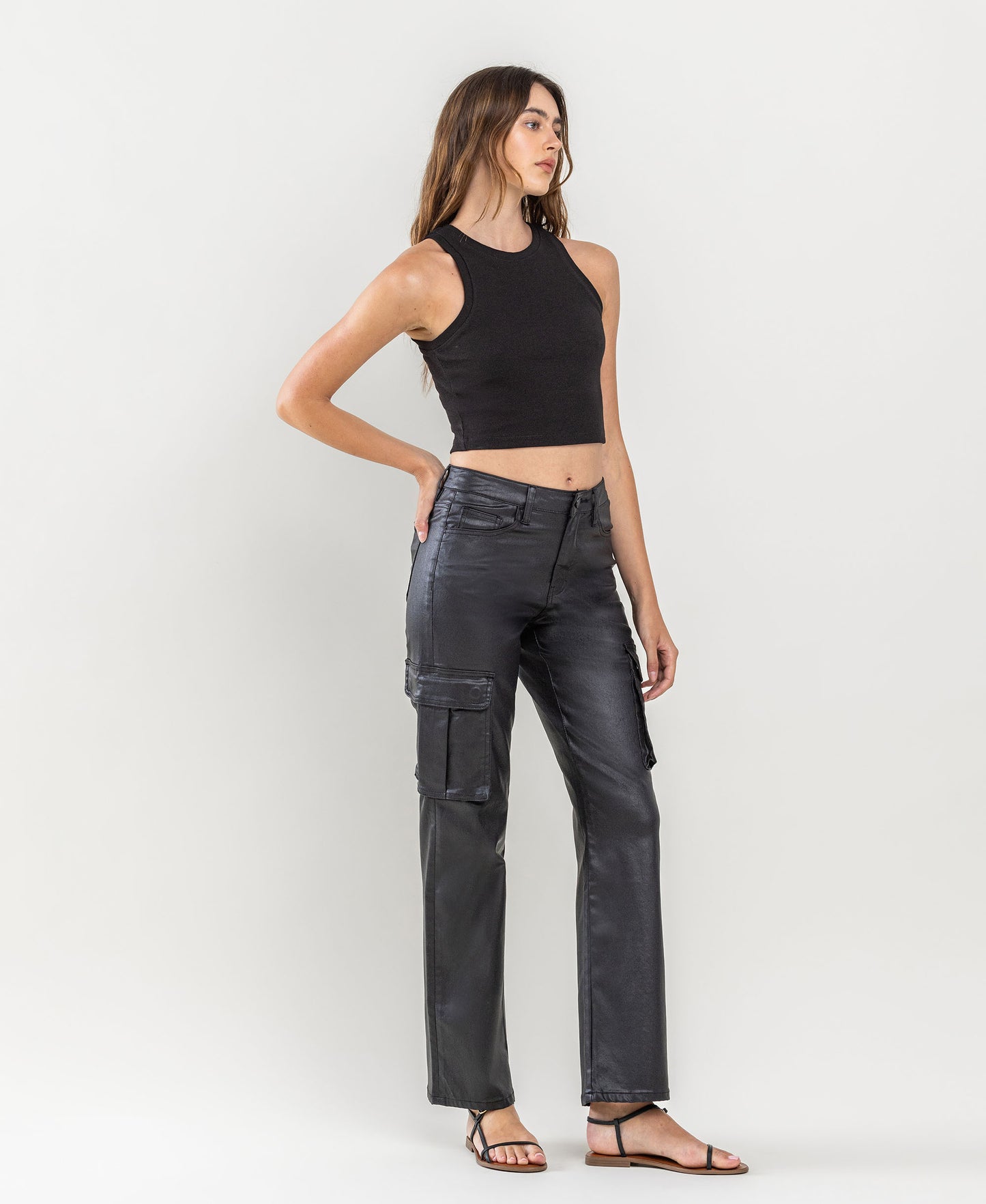 Right 45 degrees product image of Astonished - High Rise Coated Cargo Straight Jeans