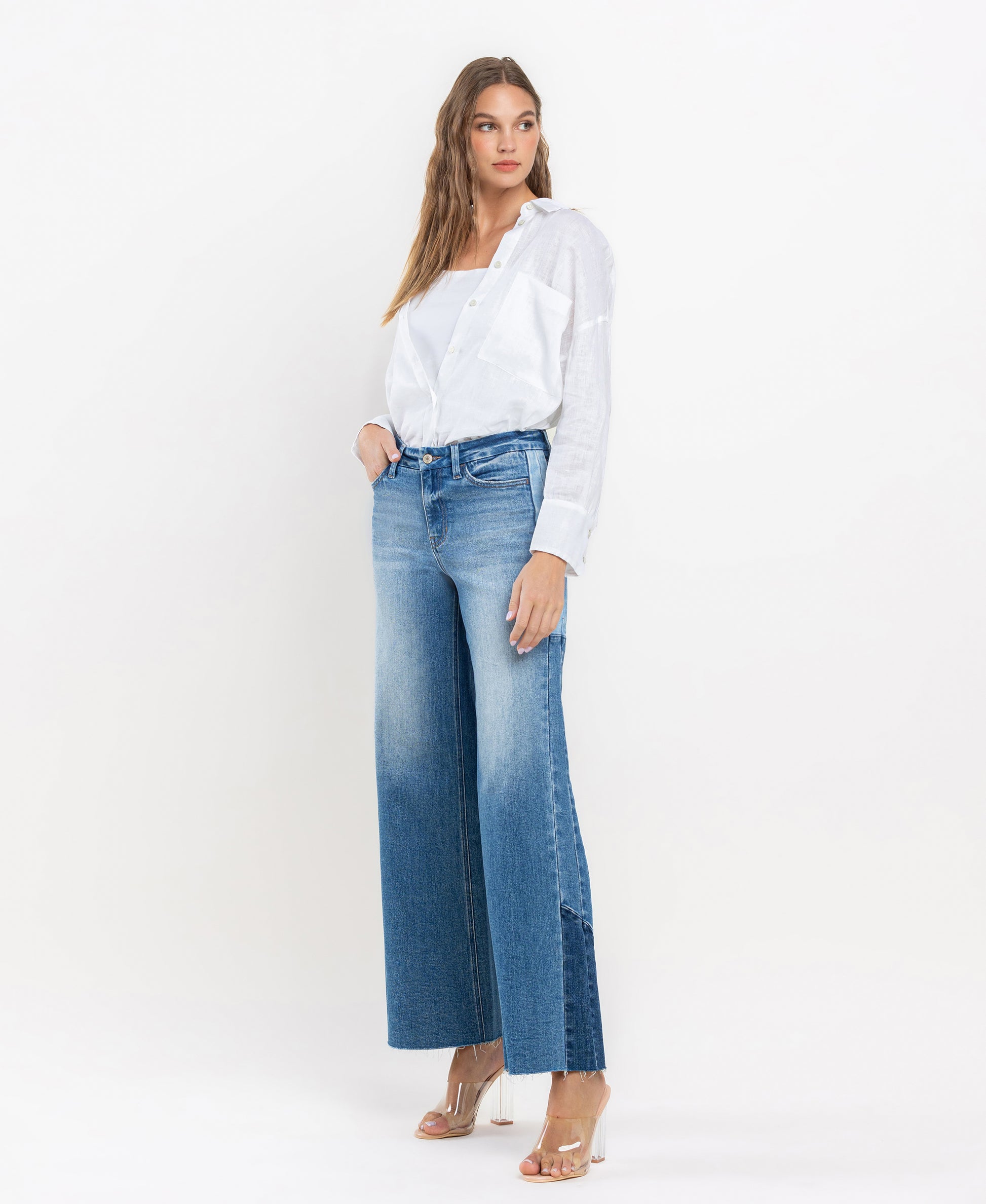 Left 45 degrees product image of Coherence - High Rise Side Contrast Wide Leg Jeans