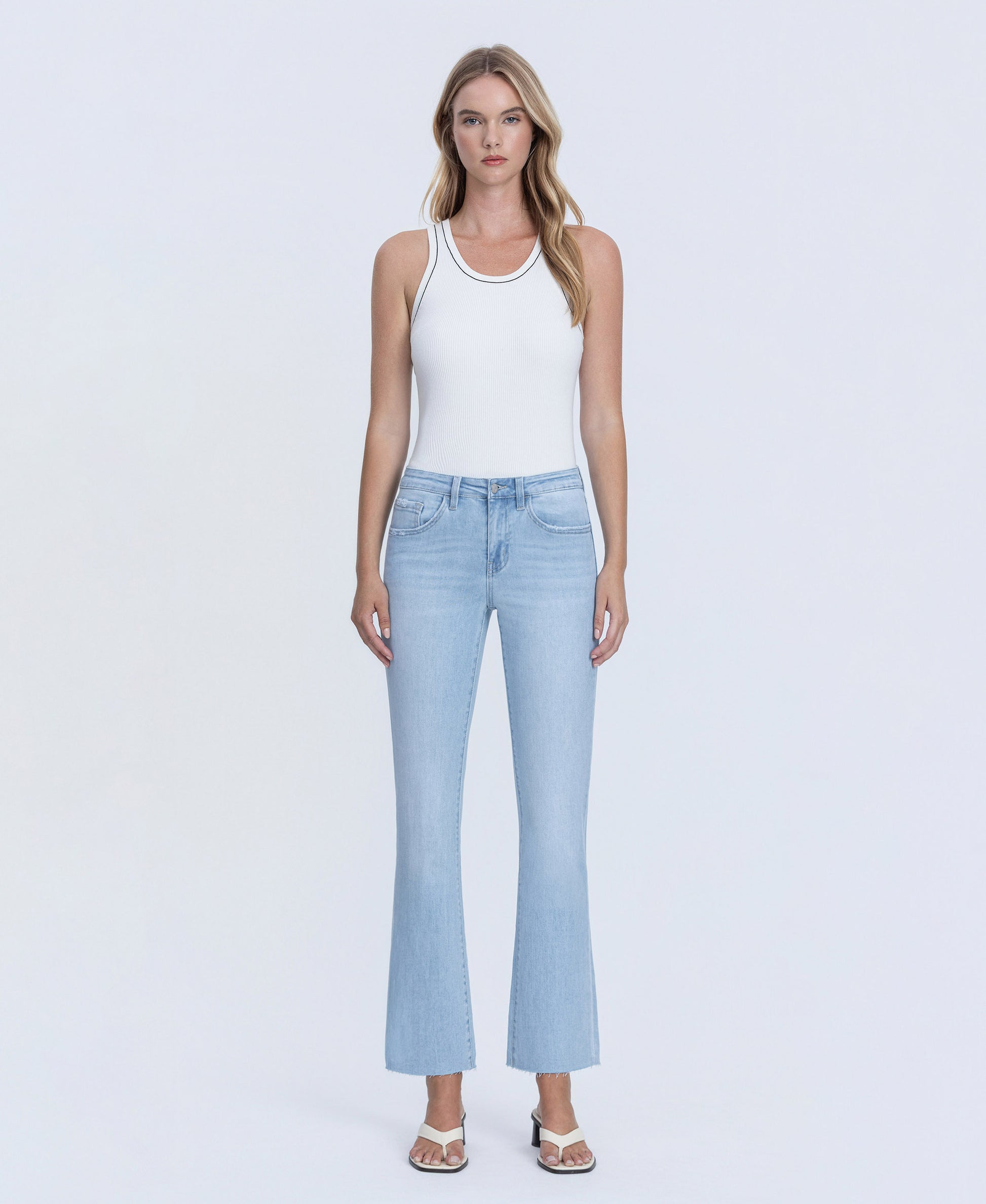 Front product images of Uplift - Mid Rise Raw Hem Ankle Bootcut Jeans