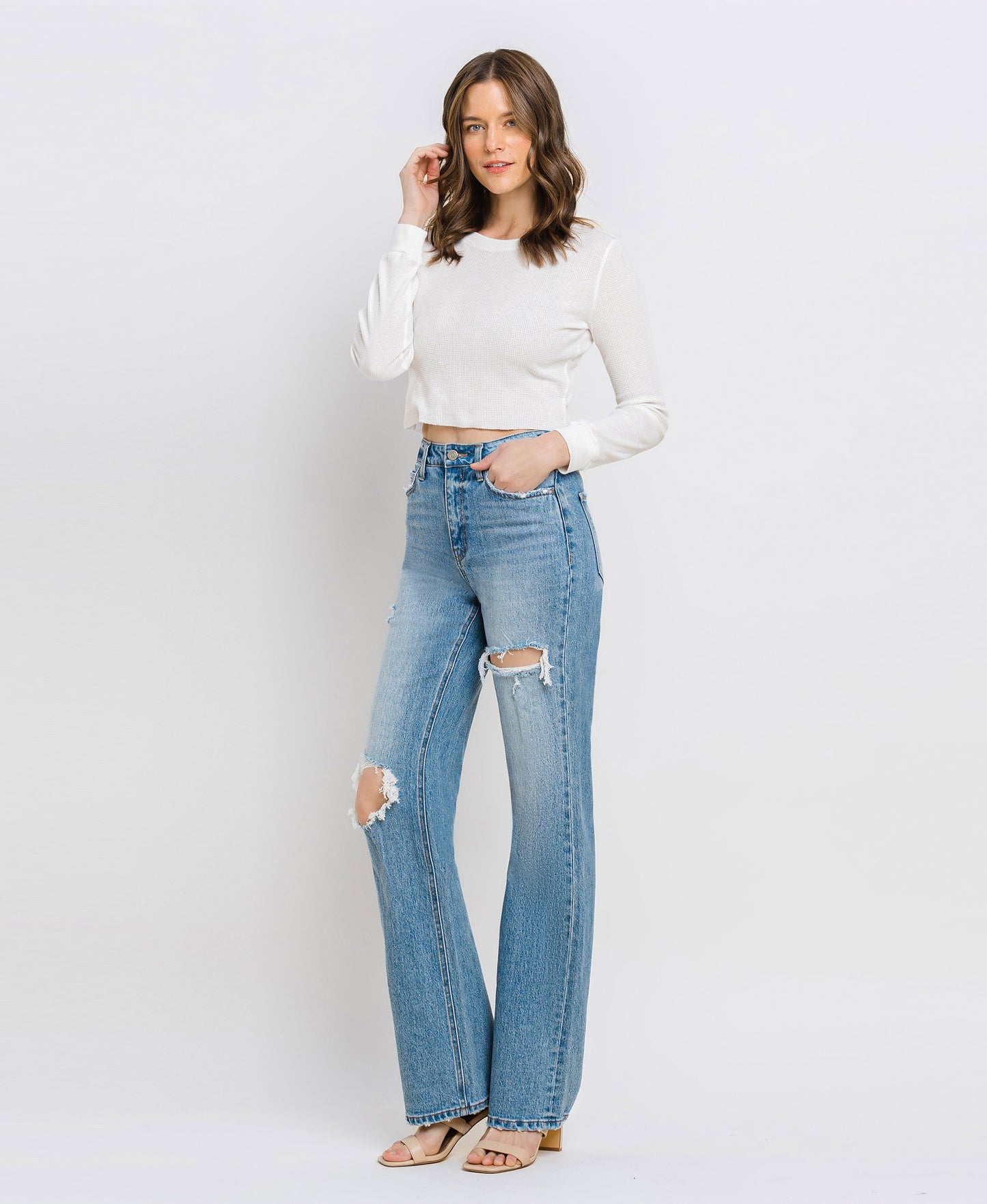 Left 45 degrees product image of Satisfying - Super High Rise Distressed Straight Jeans
