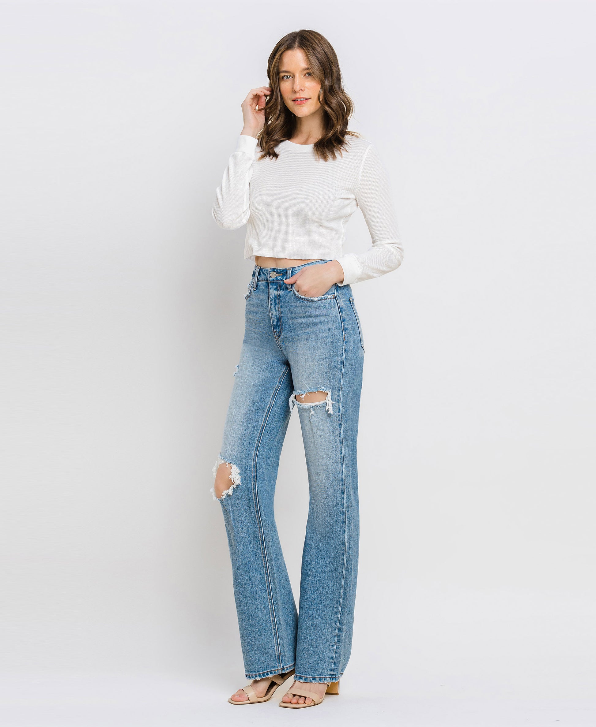 Left 45 degrees product image of Satisfying - Super High Rise Distressed Straight Jeans