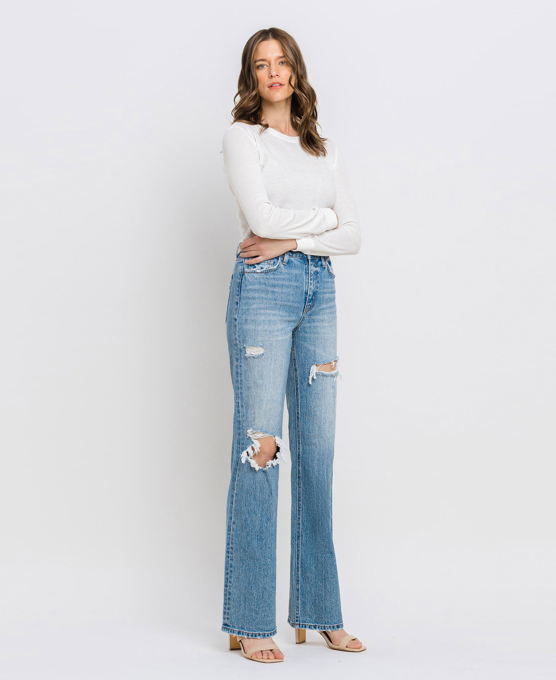 Right 45 degrees product image of Satisfying - Super High Rise Distressed Straight Jeans