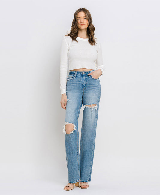 Front product images of Satisfying - Super High Rise Distressed Straight Jeans