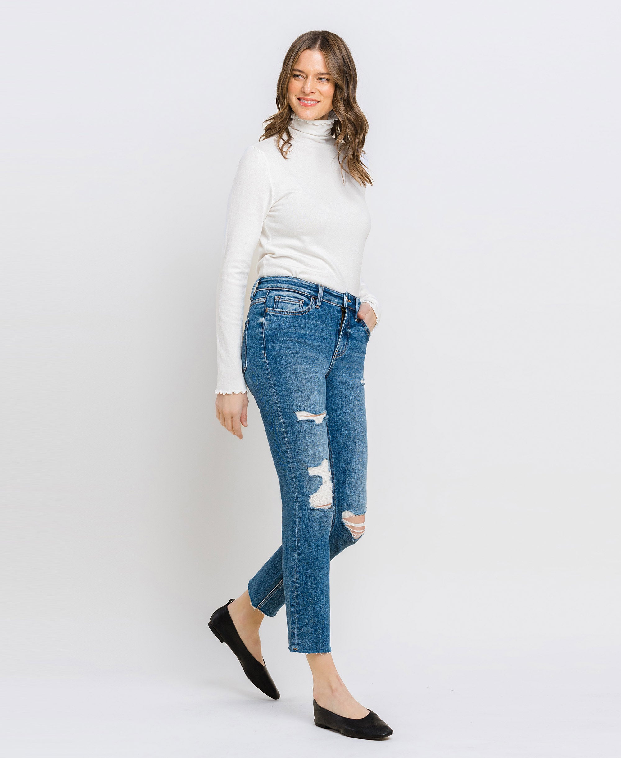 VERVET Cotoneaster High Rise Criss Cross Waist 2024 Band Two Tone Straight Jeans