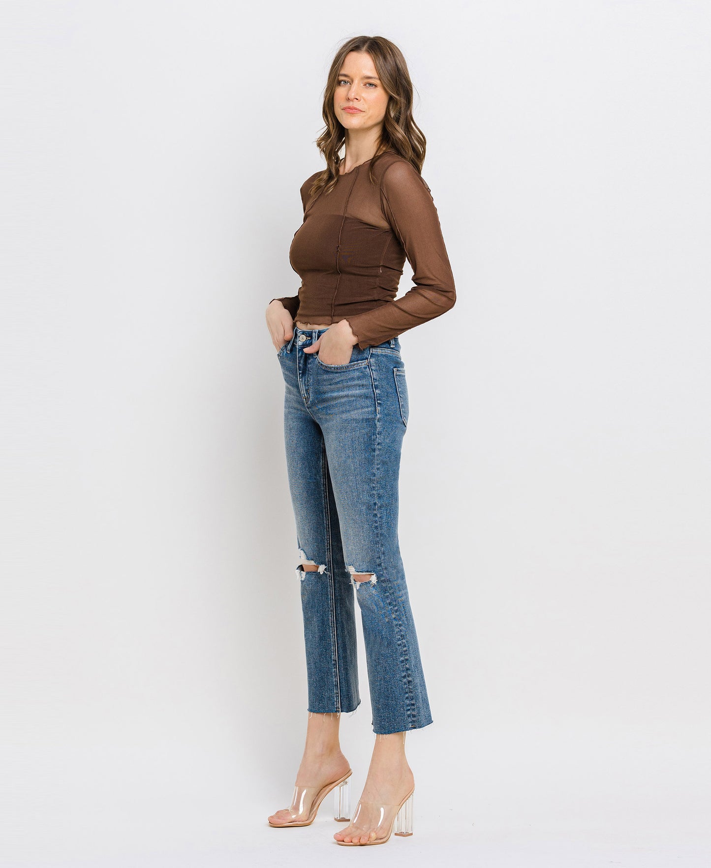 Left 45 degrees product image of Feasibly - High Rise Clean Cut Hem Cropped Flare Jeans