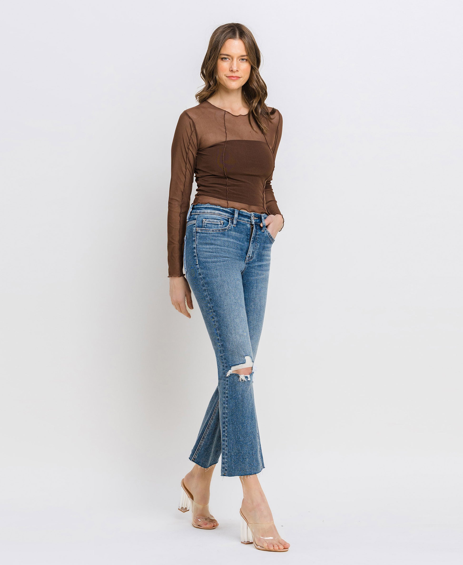 Right 45 degrees product image of Feasibly - High Rise Clean Cut Hem Cropped Flare Jeans