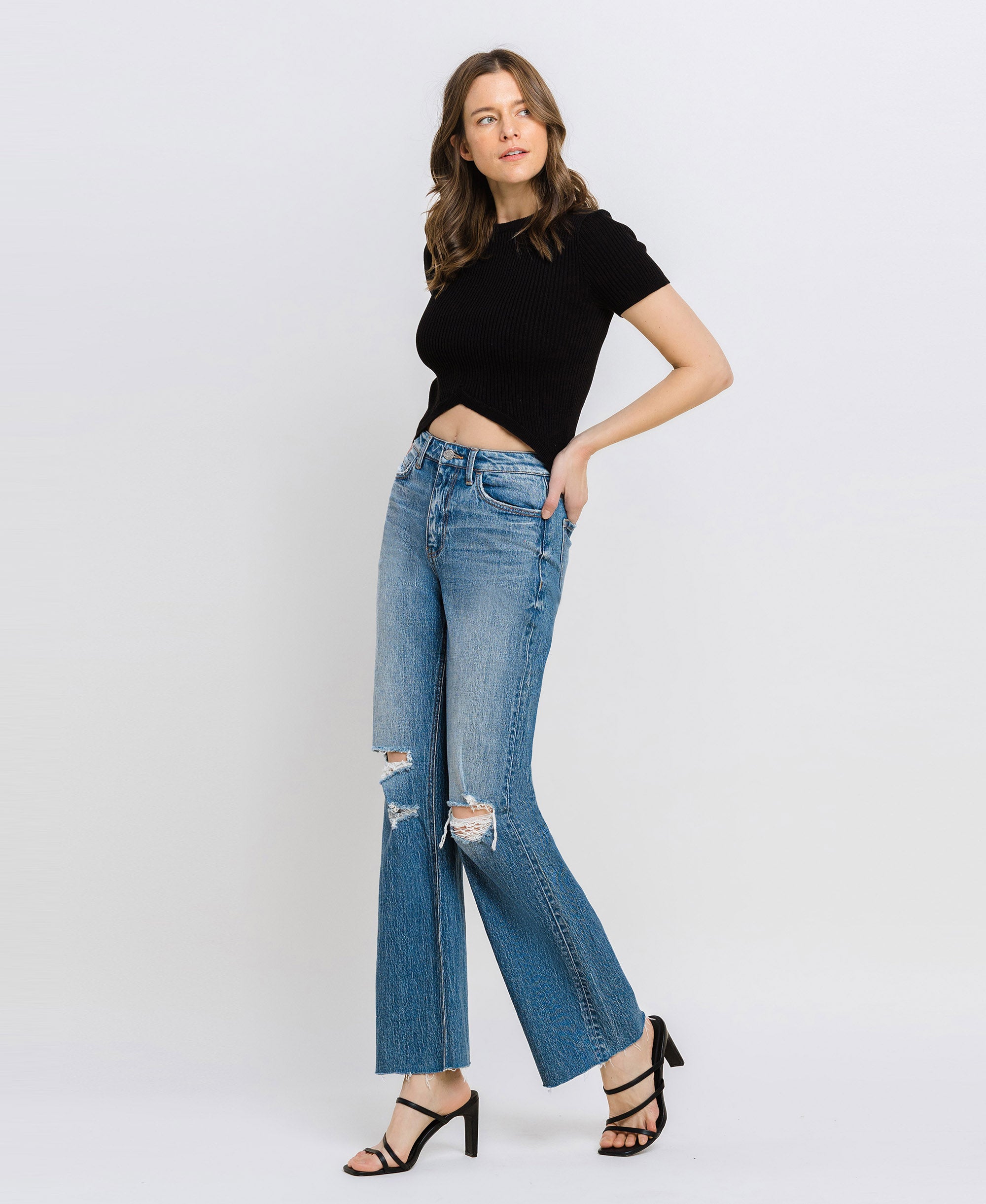 VERVET Cotoneaster High offers Rise Criss Cross Waist Band Two Tone Straight Jeans